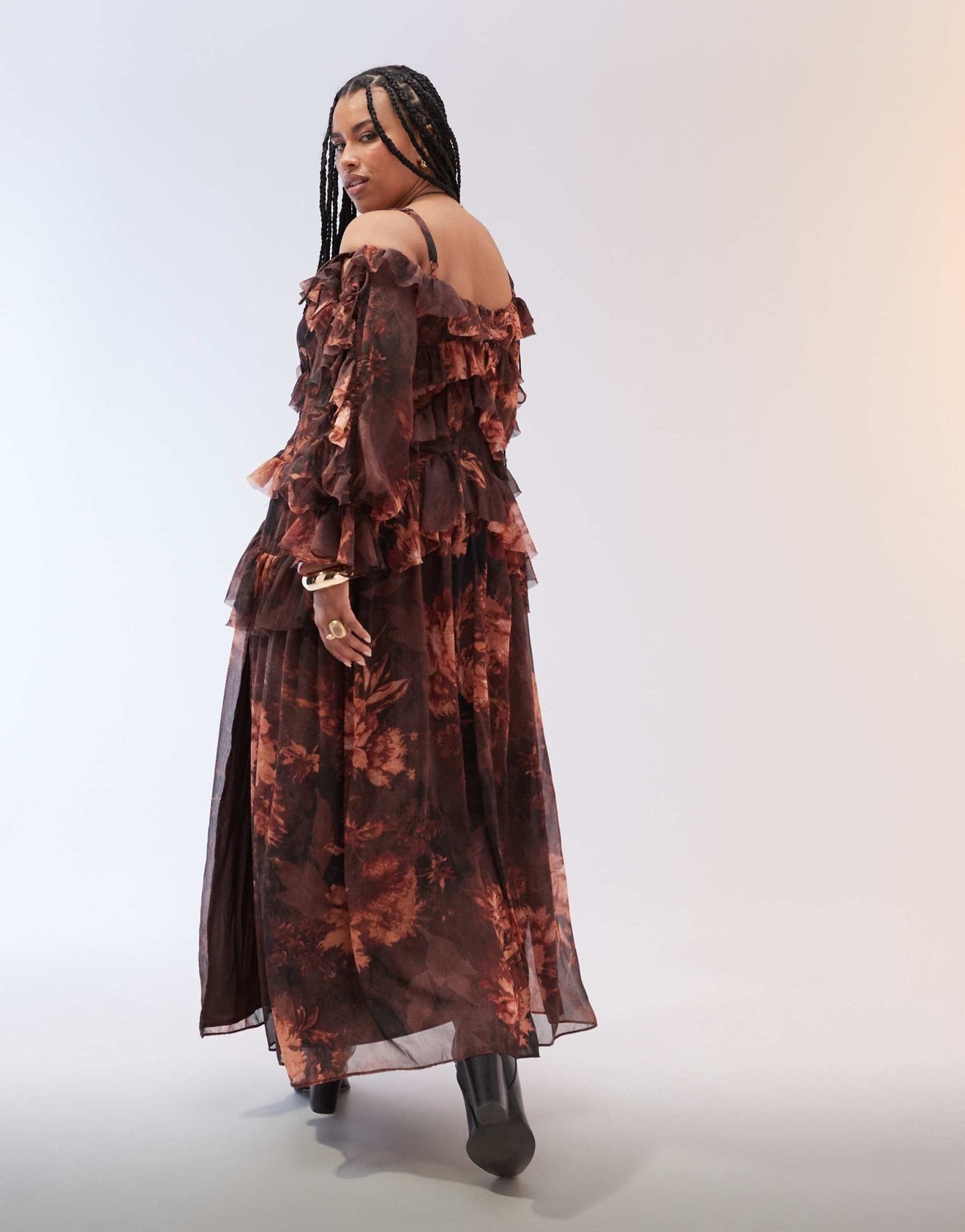ASOS DESIGN Curve ruffle off shoulder tiered maxi dress in burgundy floral - ASOS Sample Sale
