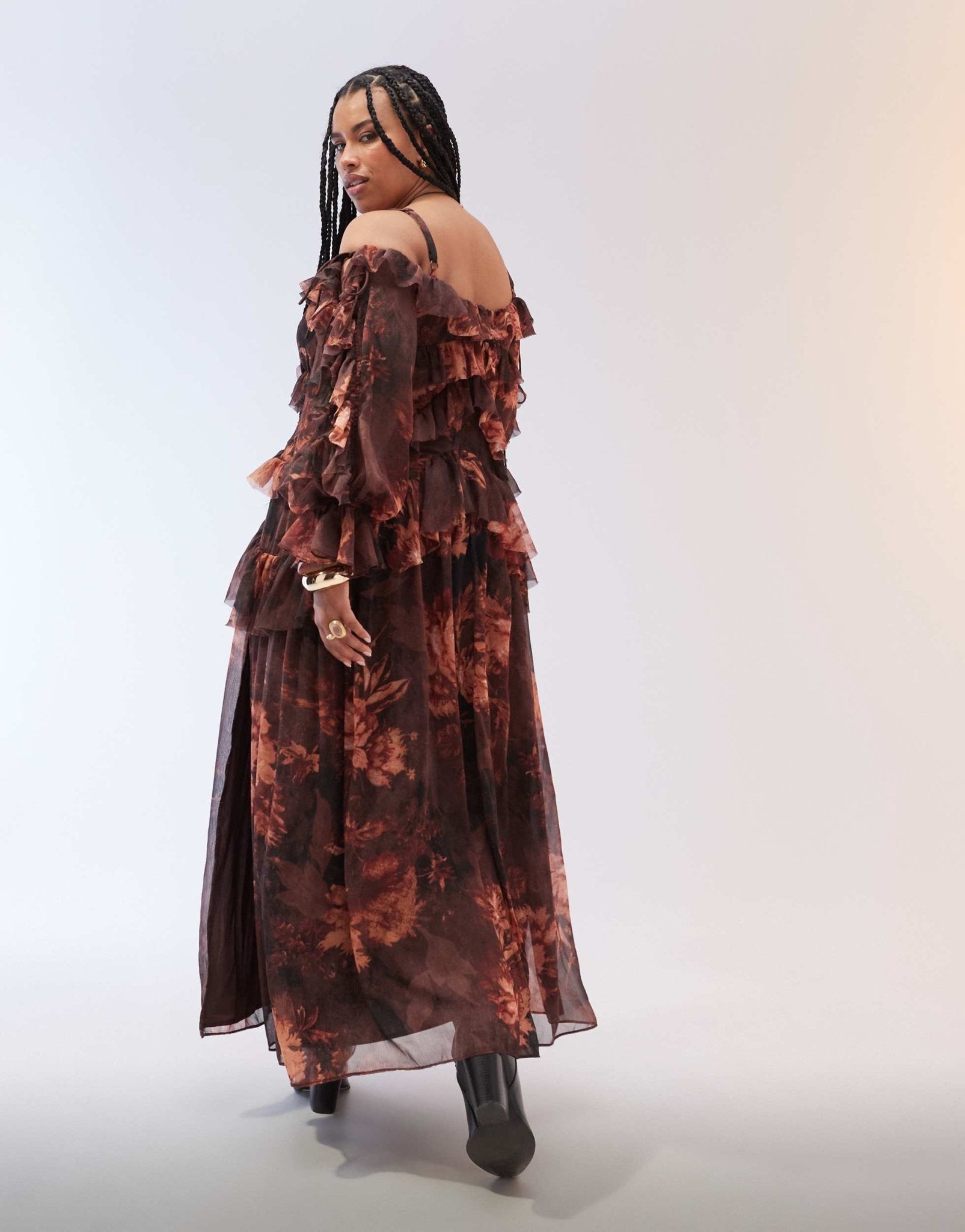 ASOS DESIGN Curve ruffle off shoulder tiered maxi dress in burgundy floral - ASOS Sample Sale