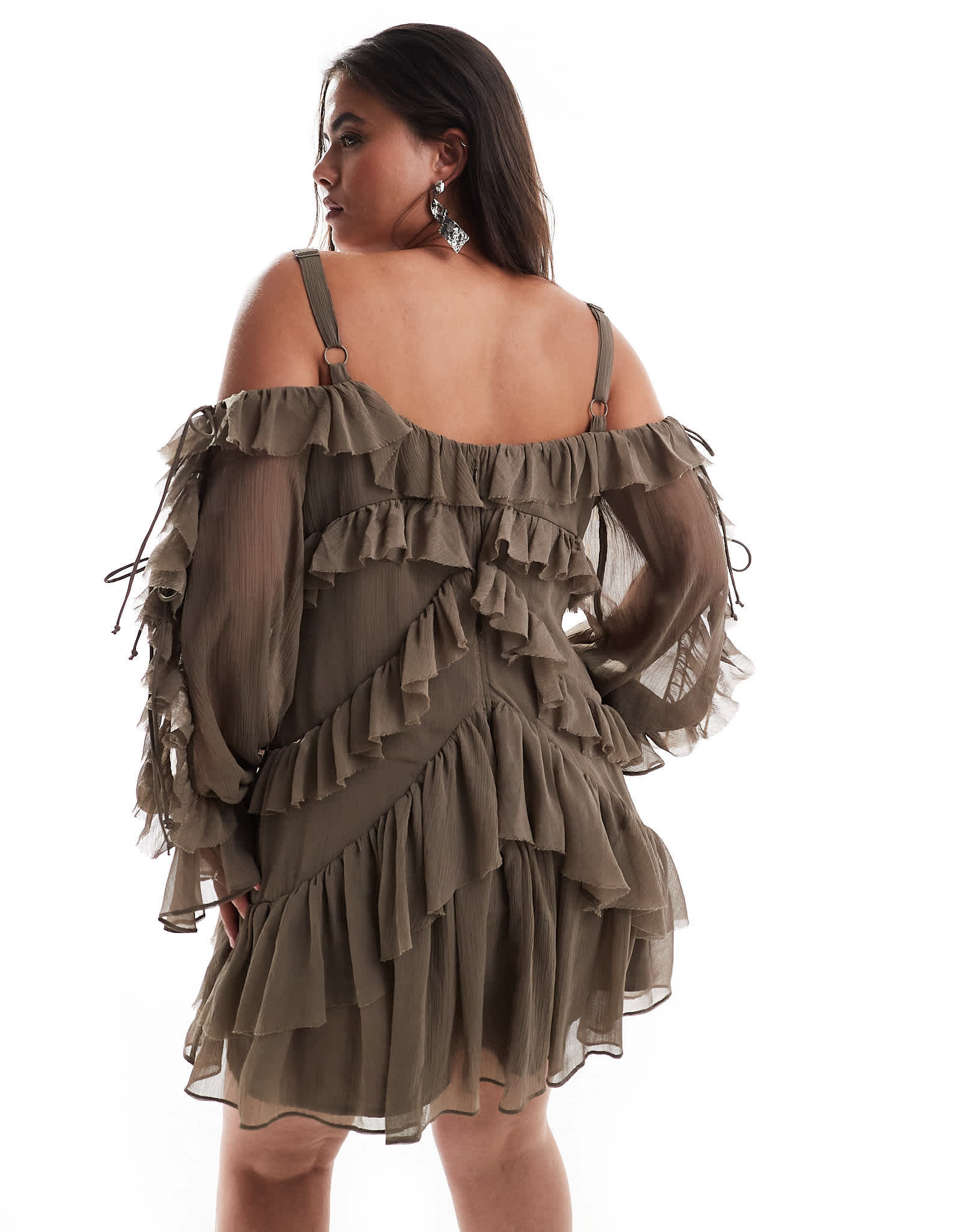ASOS DESIGN Curve ruffle off shoulder tiered mini dress in mink - ASOS Sample Sale