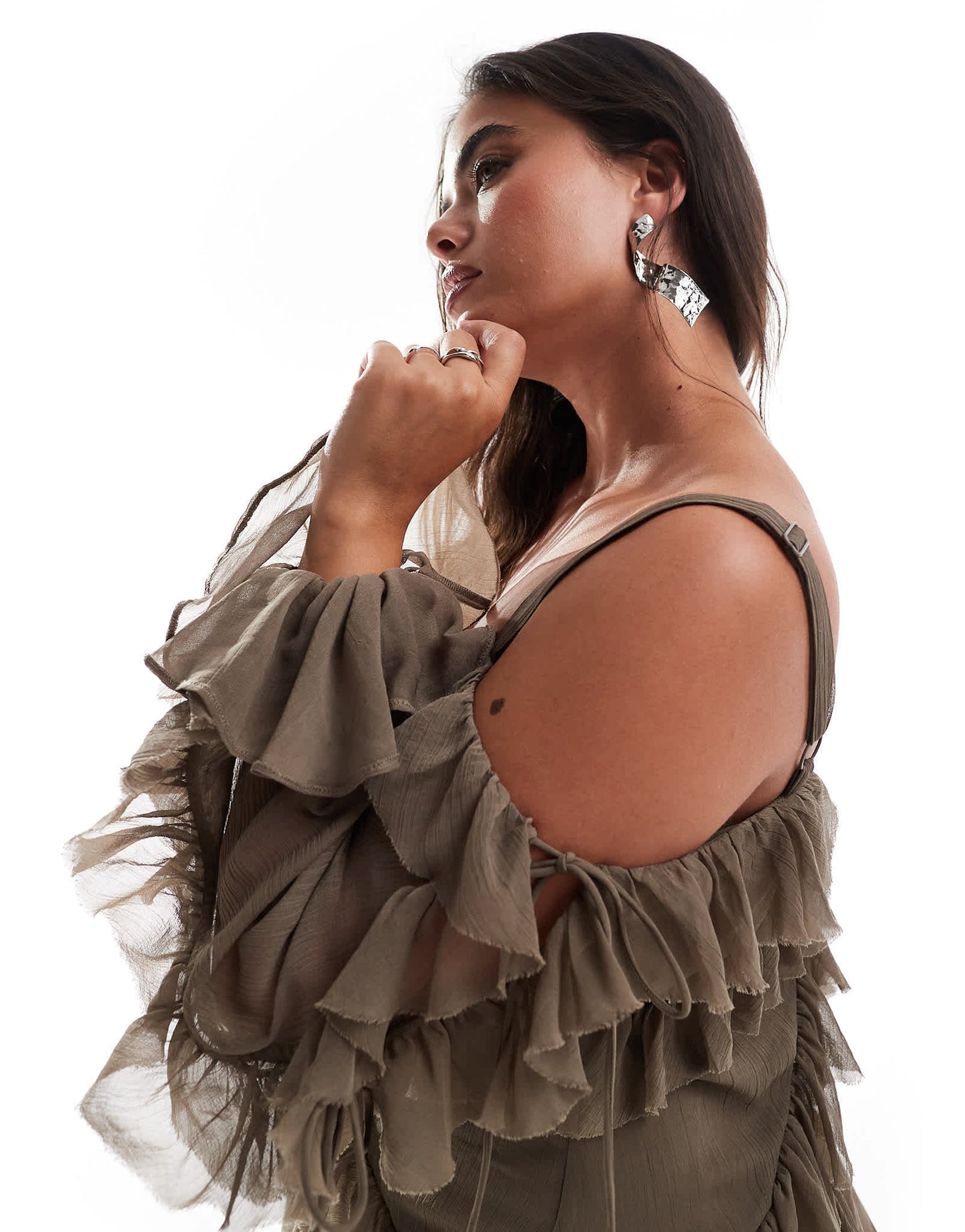 ASOS DESIGN Curve ruffle off shoulder tiered mini dress in mink - ASOS Sample Sale