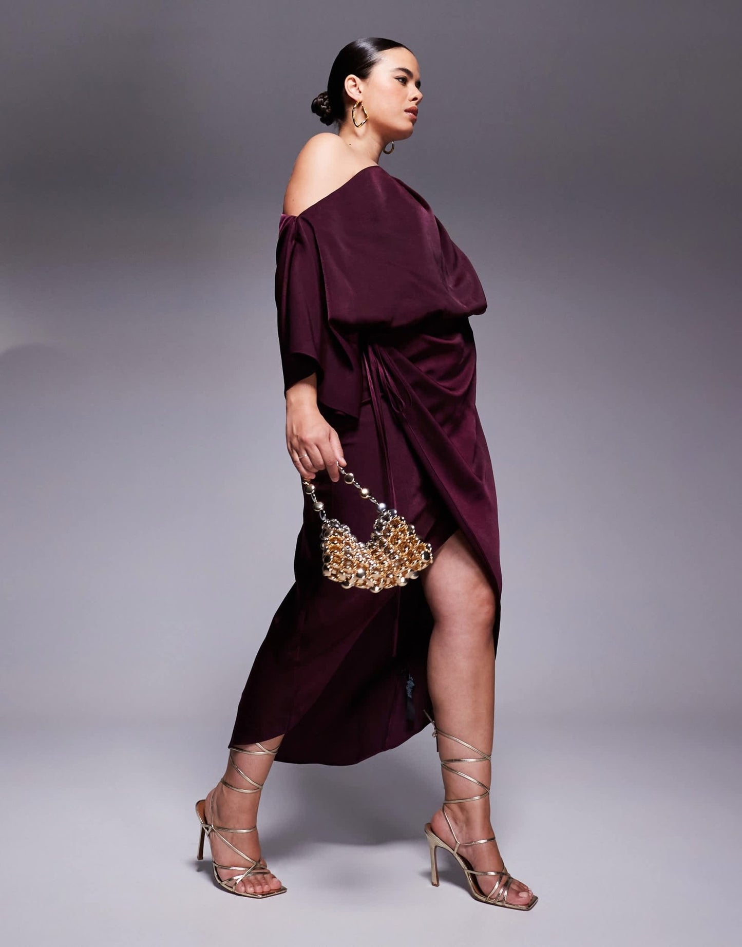 ASOS DESIGN Curve satin fallen shoulder midi dress with wrap skirt in burgundy - ASOS Sample Sale