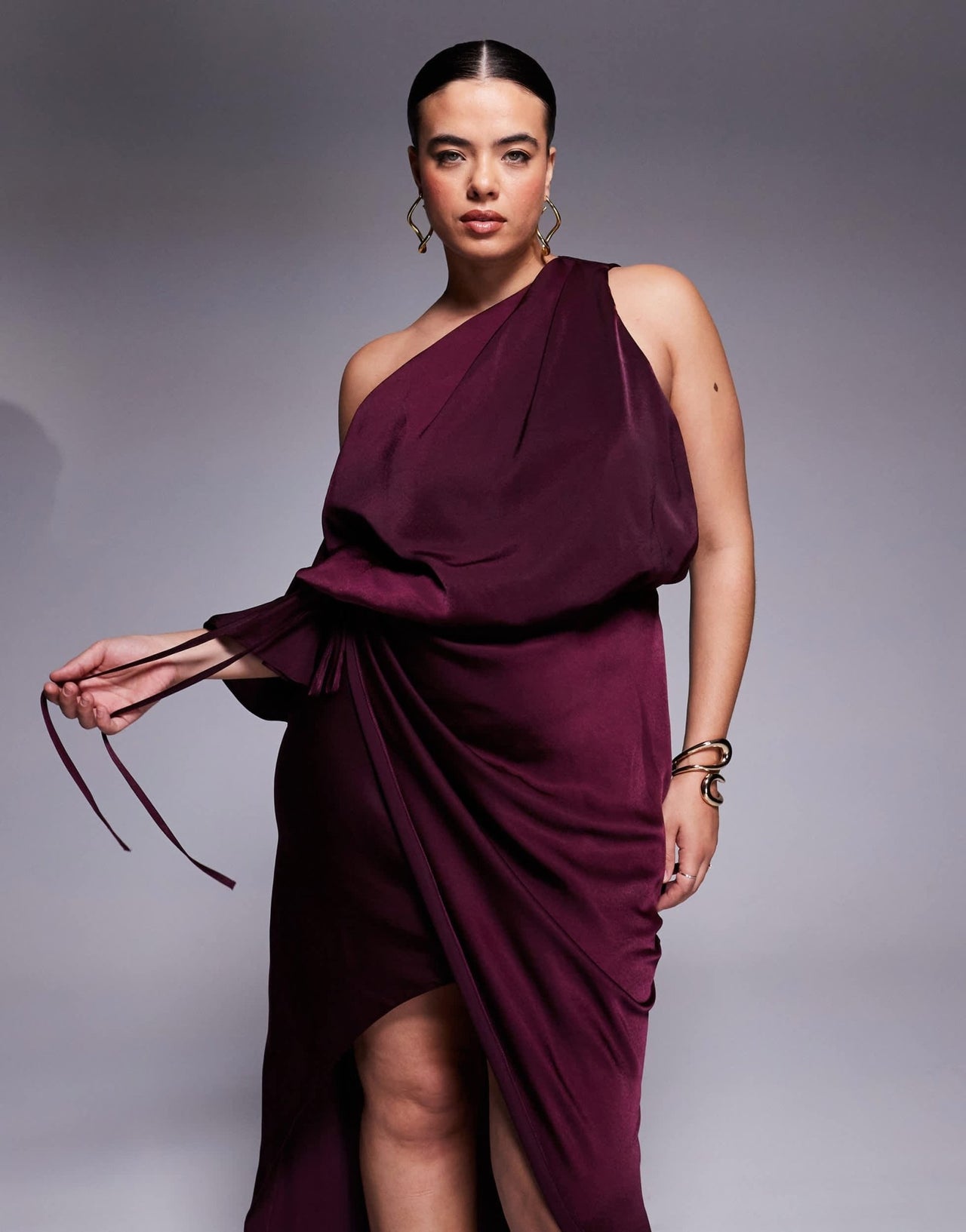 ASOS DESIGN Curve satin fallen shoulder midi dress with wrap skirt in burgundy - ASOS Sample Sale