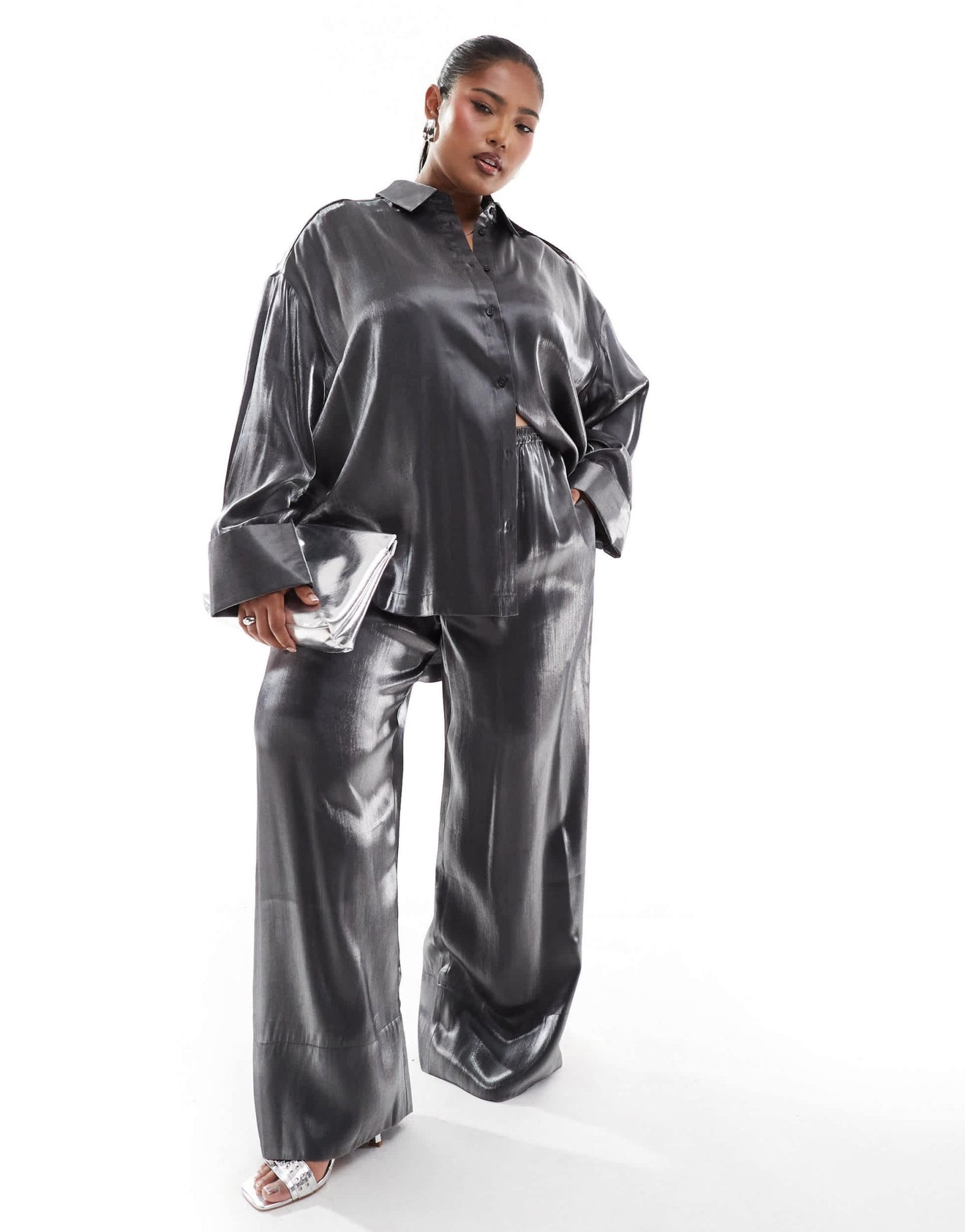 ASOS DESIGN Curve satin pull on trouser in silver co - ord - ASOS Sample Sale