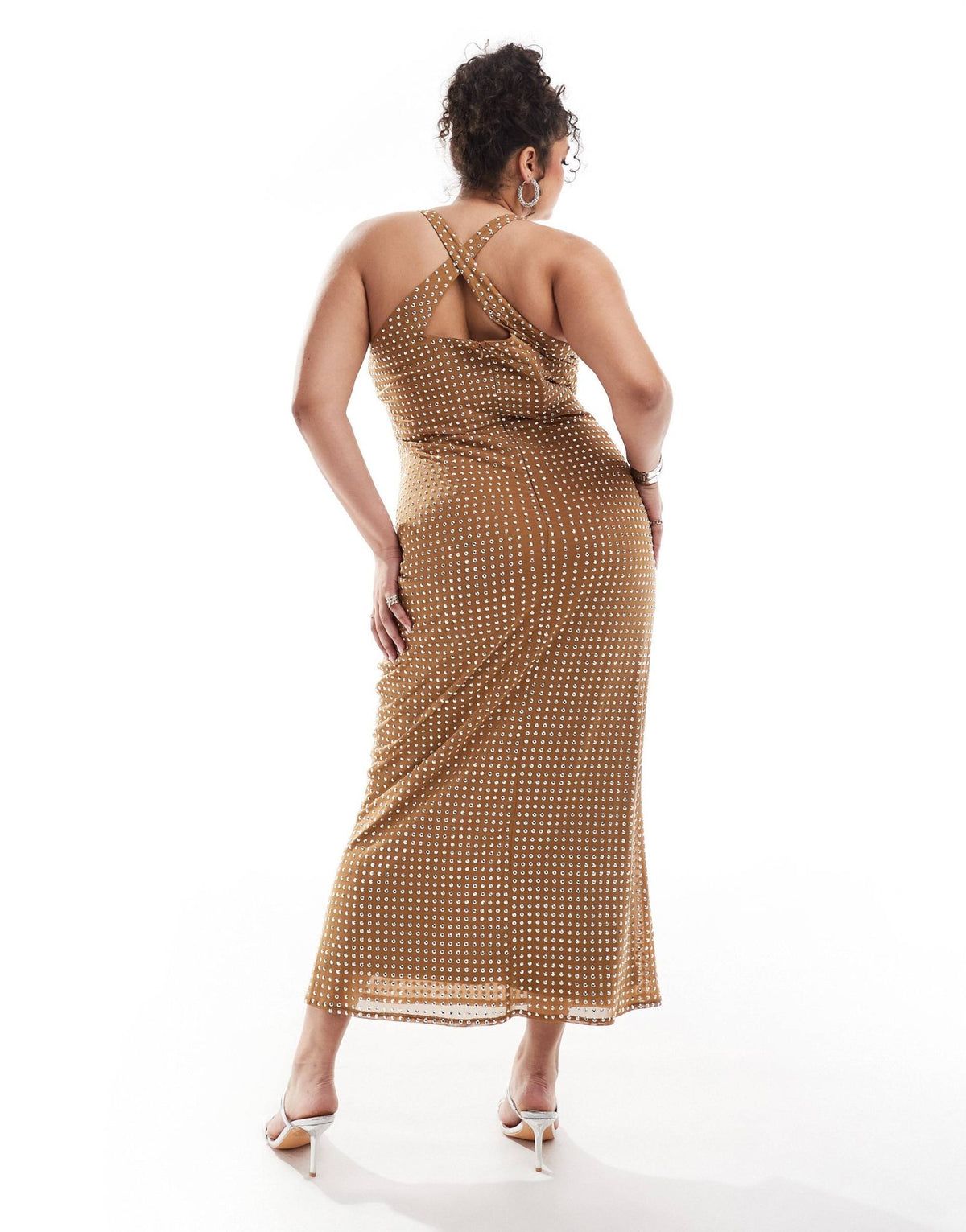 ASOS DESIGN Curve scooped halter neck midi dress in lazercut hotfix in tan - ASOS Sample Sale