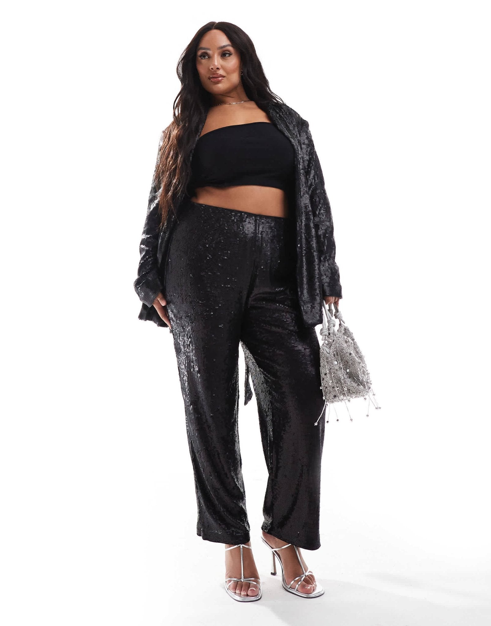 ASOS DESIGN Curve sequin tie waist blazer in black - ASOS Sample Sale