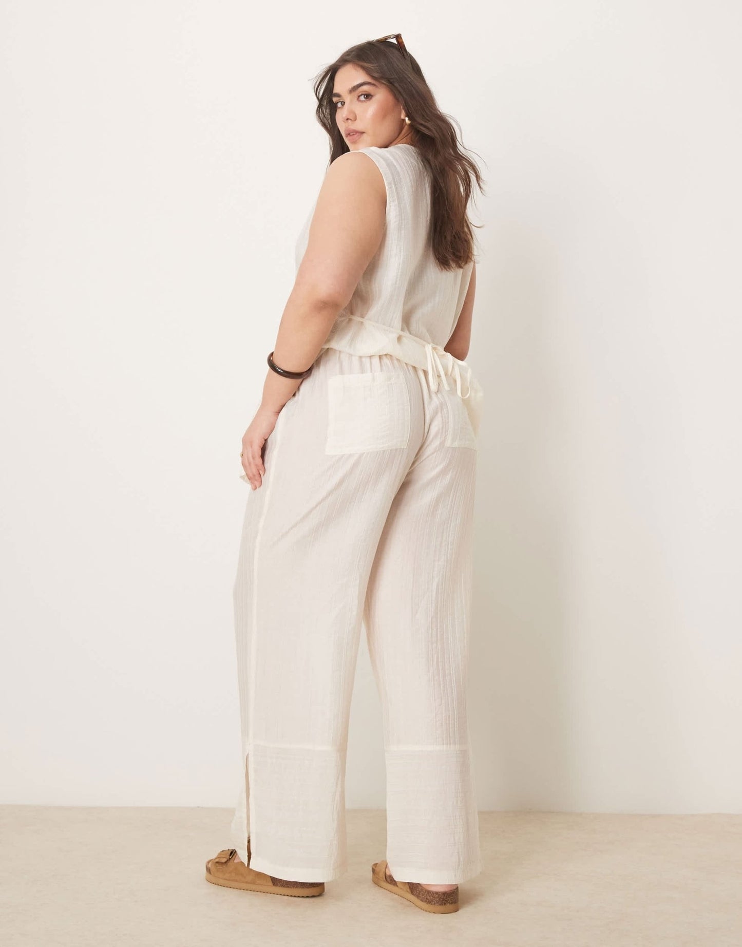 ASOS DESIGN Curve sheer textured wide leg trousers co - ord in off white - ASOS Sample Sale