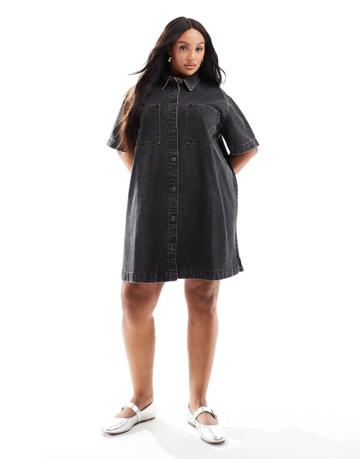 ASOS DESIGN Curve short sleeve denim shirt dress in wash black - ASOS Sample Sale