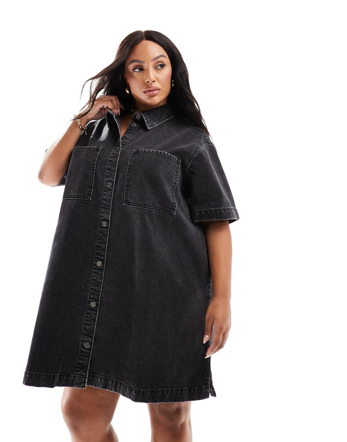 ASOS DESIGN Curve short sleeve denim shirt dress in wash black - ASOS Sample Sale