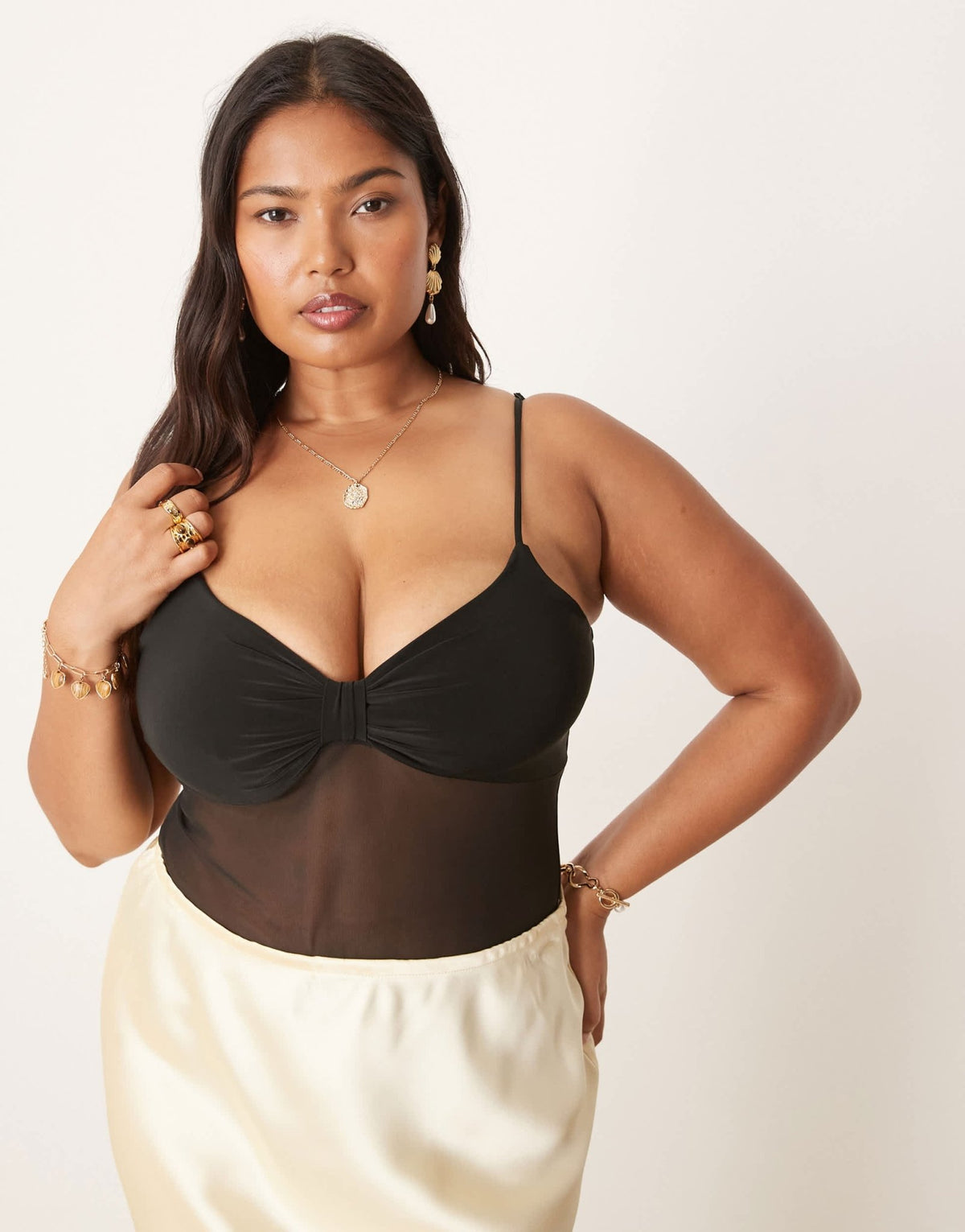 ASOS DESIGN Curve slinky twist bust mesh cami bodysuit in black - ASOS Sample Sale