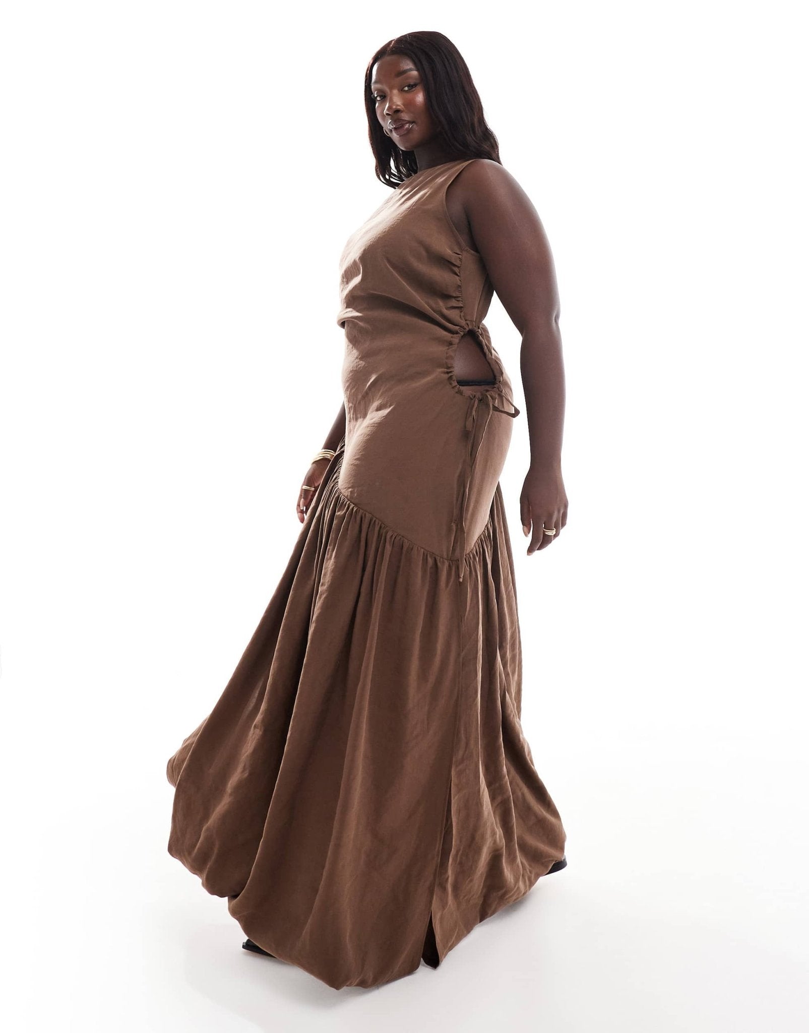 ASOS DESIGN Curve soft draped midi dress with drawstring tie sides in brown - ASOS Sample Sale