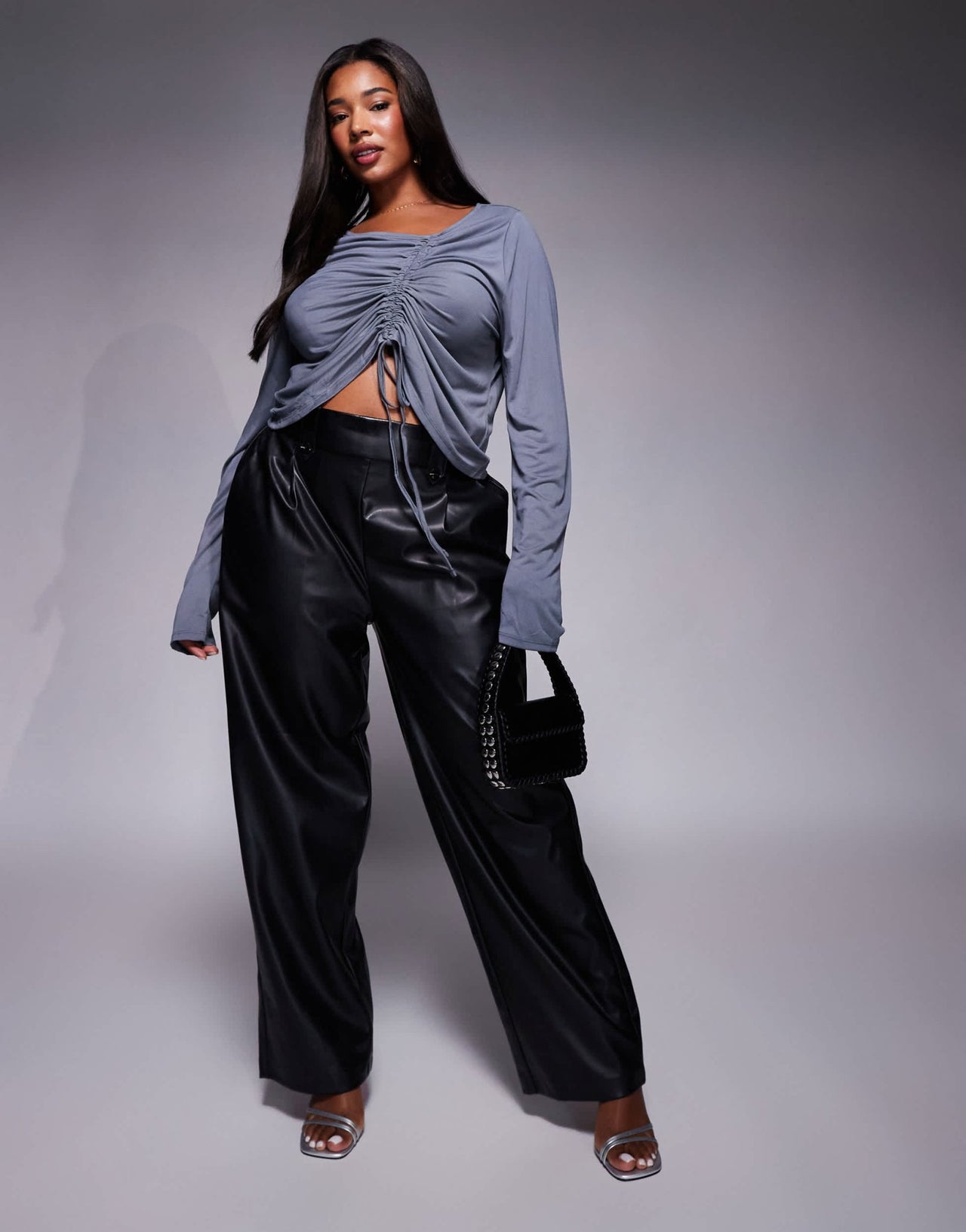 ASOS DESIGN Curve soft handle long sleeve top with front asymmetric ruching in slate blue - ASOS Sample Sale