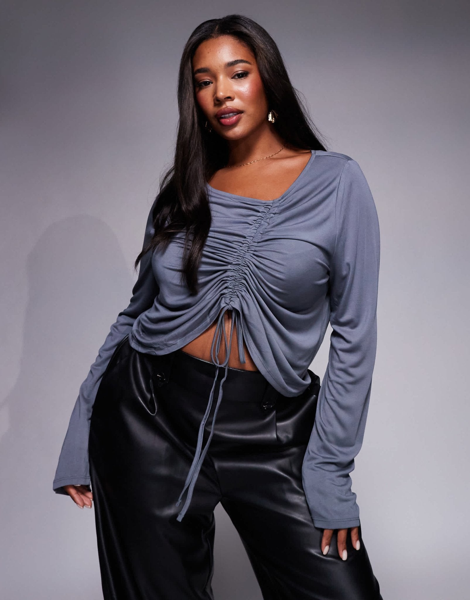 ASOS DESIGN Curve soft handle long sleeve top with front asymmetric ruching in slate blue - ASOS Sample Sale