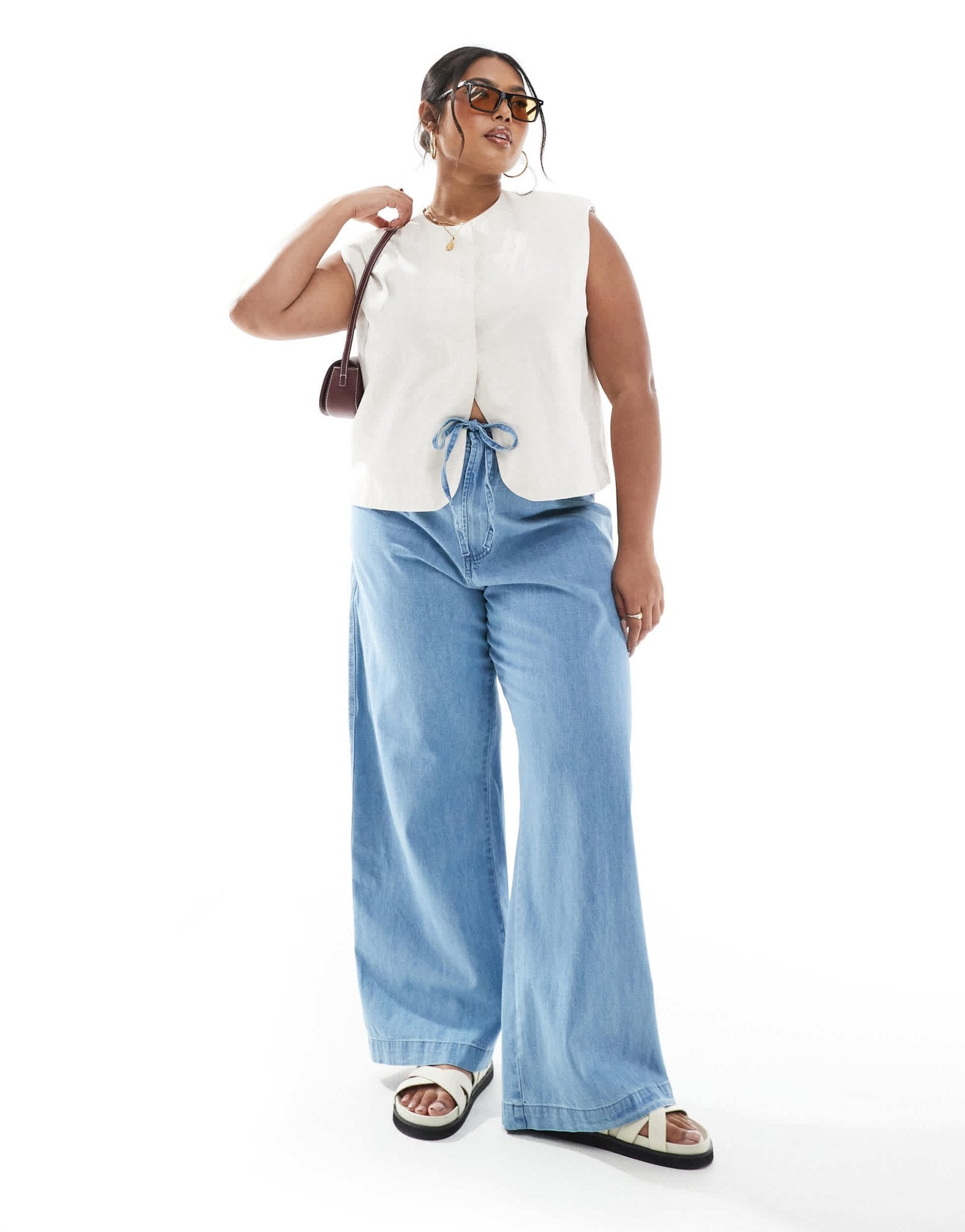 ASOS DESIGN Curve soft wide leg jean with tie waist in mid blue - ASOS Sample Sale