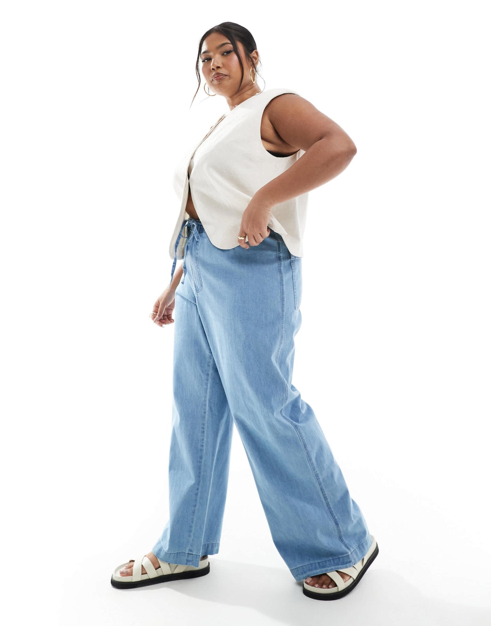 ASOS DESIGN Curve soft wide leg jean with tie waist in mid blue - ASOS Sample Sale