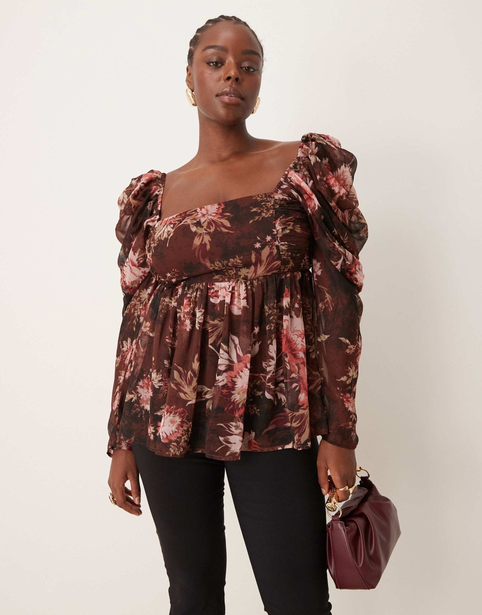 ASOS DESIGN Curve square neck floaty chiffon long sleeve top in floral print - ASOS Sample Sale