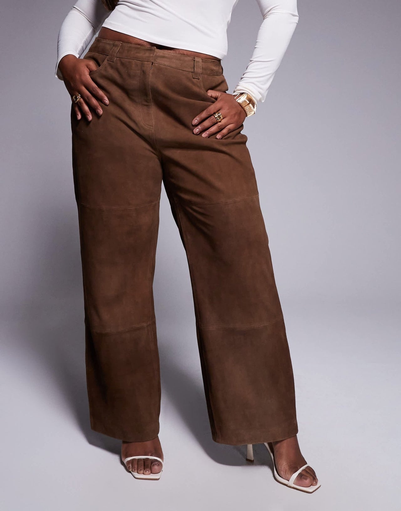 ASOS DESIGN Curve straight leg suede panelled trousers in mocha - ASOS Sample Sale