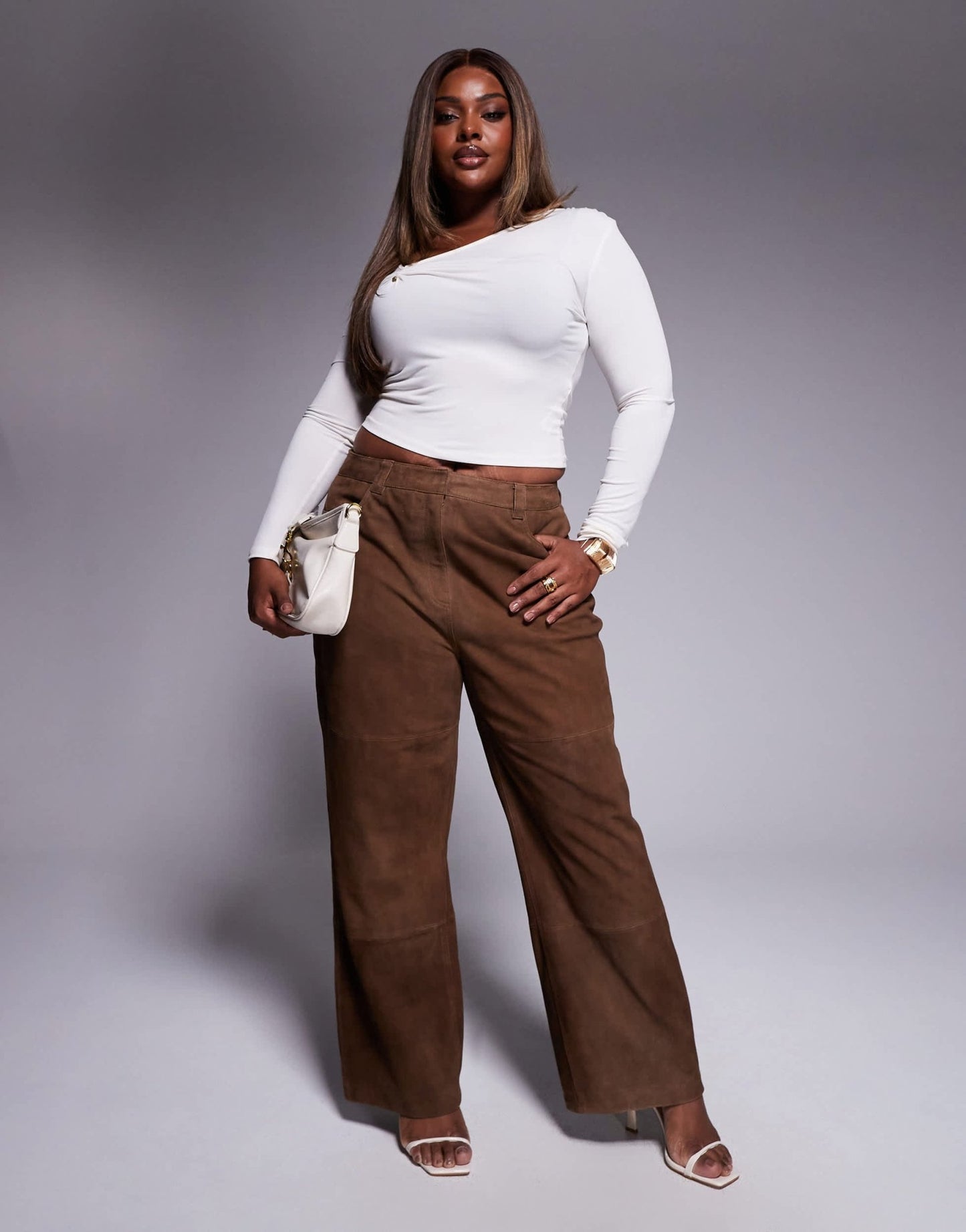 ASOS DESIGN Curve straight leg suede panelled trousers in mocha - ASOS Sample Sale