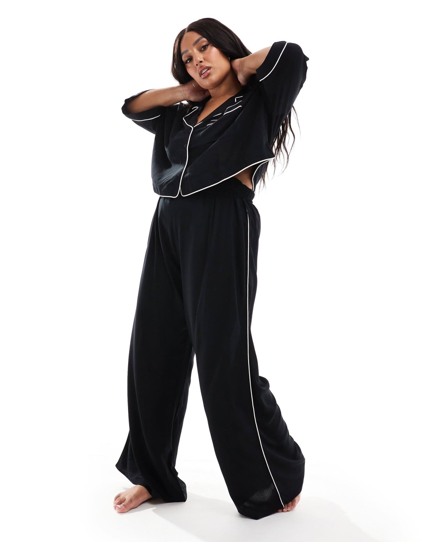 ASOS DESIGN Curve super soft slinky wide leg pyjama trouser in black with contrast binding - ASOS Sample Sale