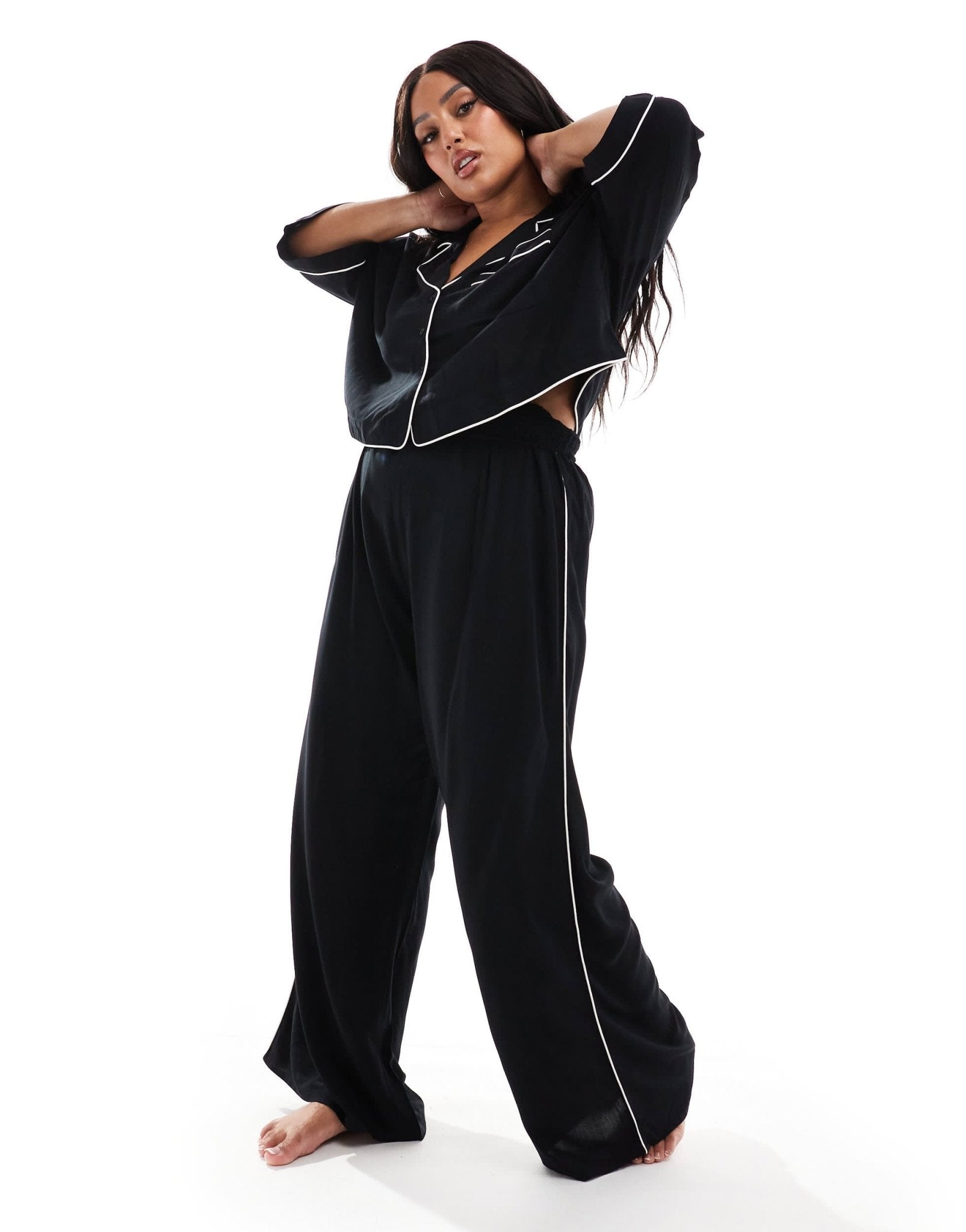 ASOS DESIGN Curve super soft slinky wide leg pyjama trouser in black with contrast binding - ASOS Sample Sale