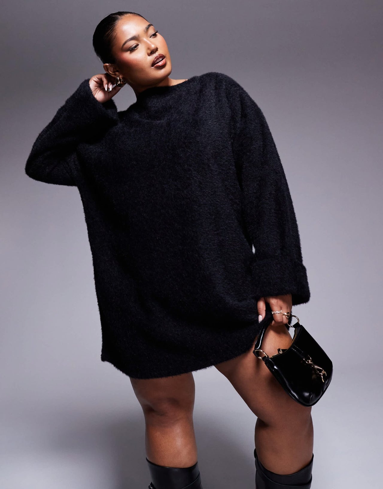 ASOS DESIGN Curve supersoft fluffy slouchy jumper mini dress in black - ASOS Sample Sale