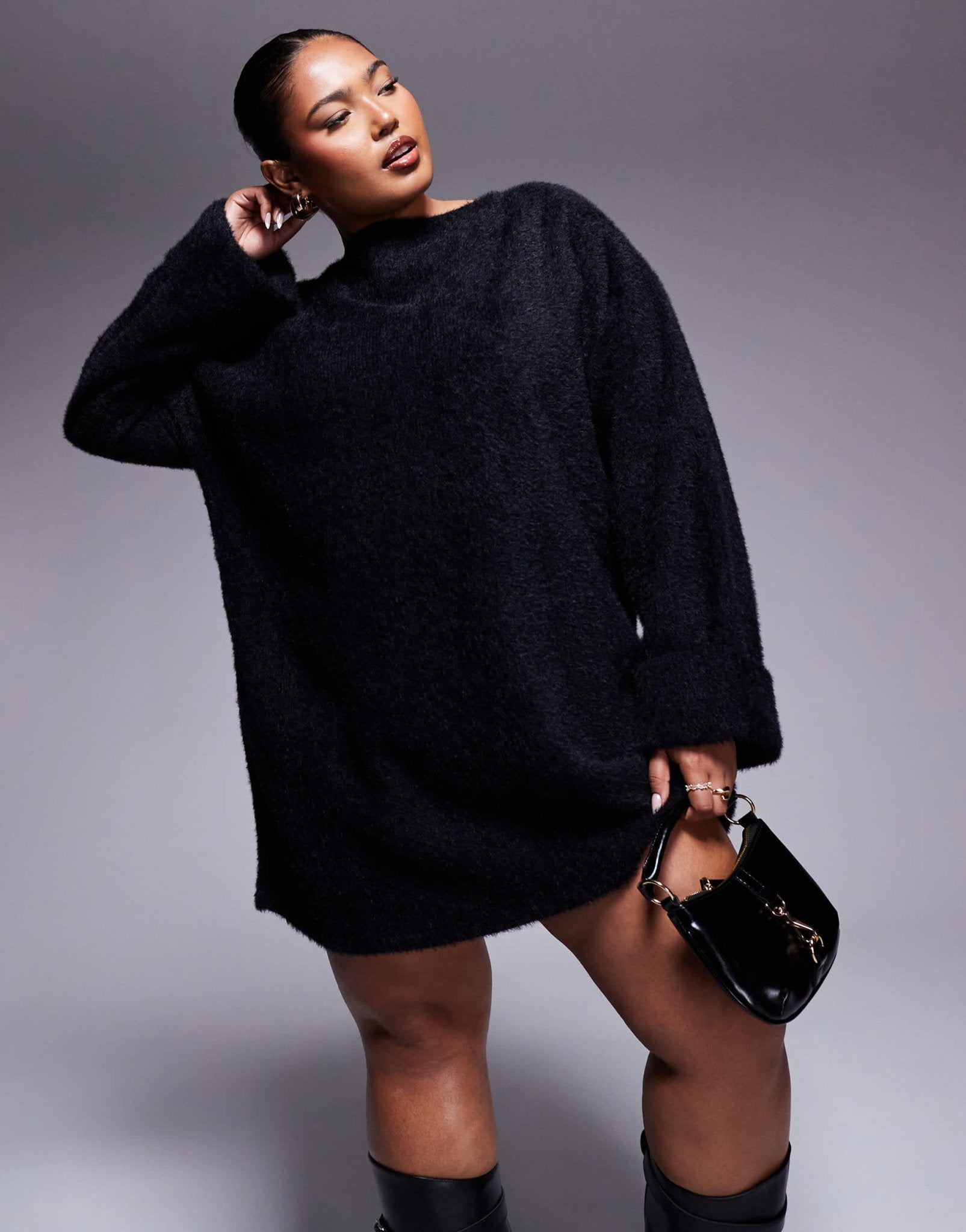 ASOS DESIGN Curve supersoft fluffy slouchy jumper mini dress in black - ASOS Sample Sale