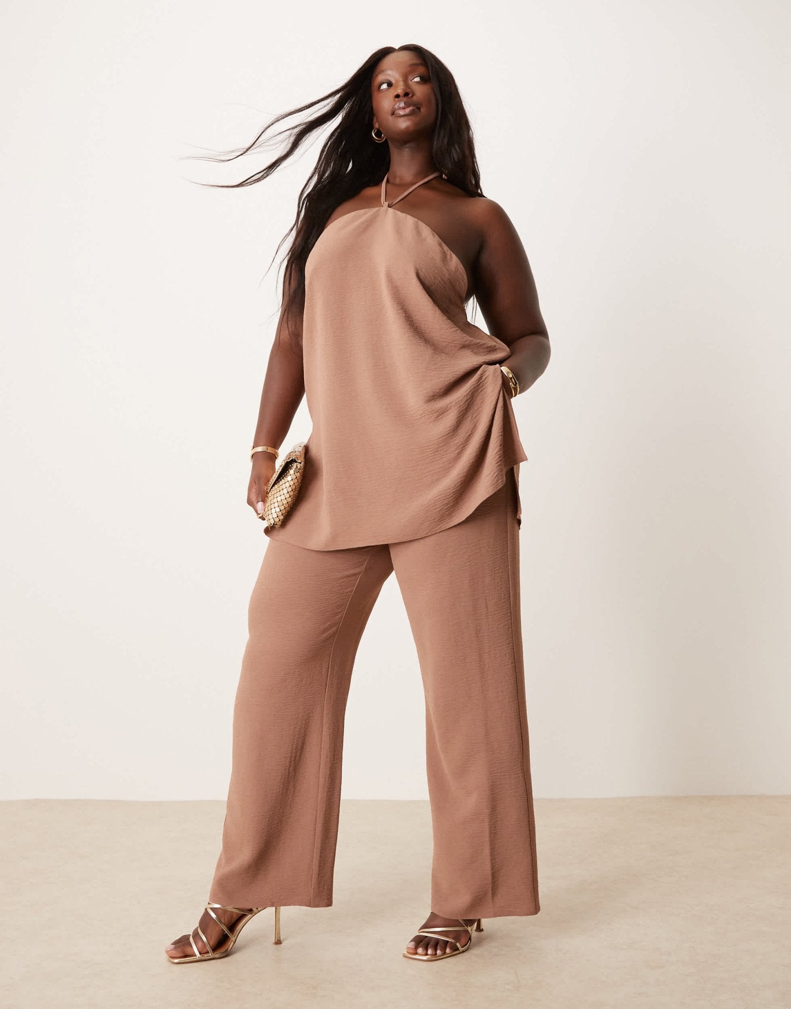 ASOS DESIGN Curve tailored floaty halter neck top co-ord in mocha - ASOS Sample Sale