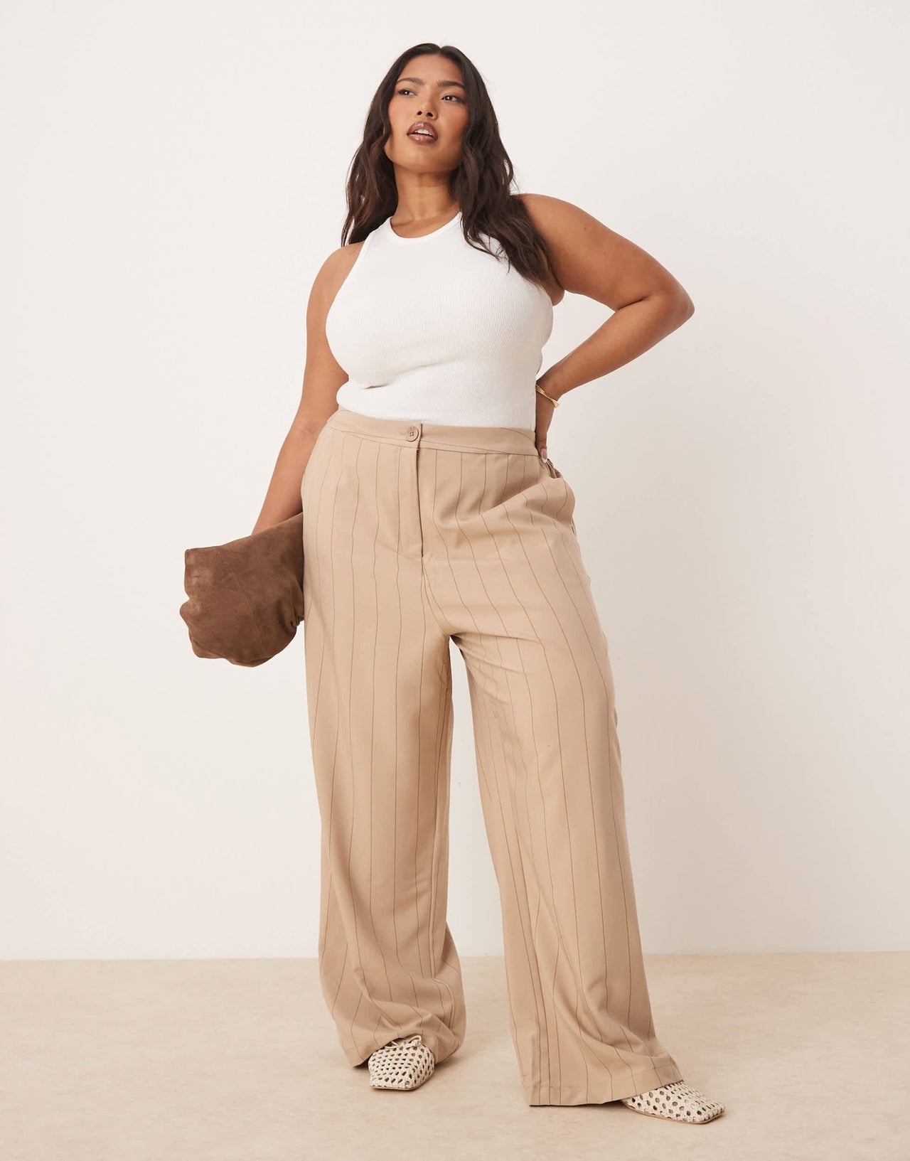 ASOS DESIGN Curve tailored relaxed straight leg trousers in taupe stripe - ASOS Sample Sale