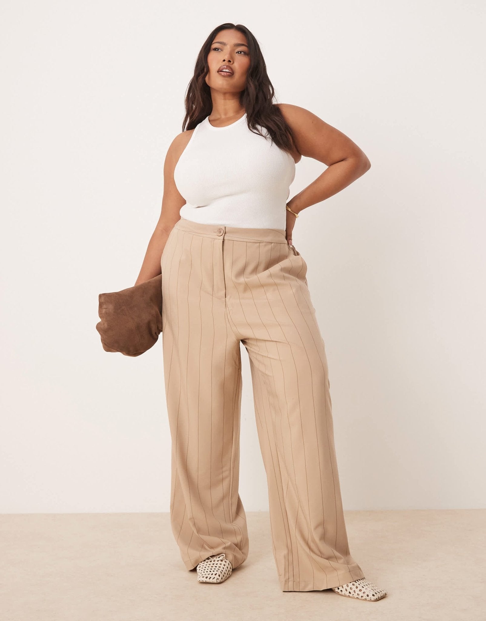 ASOS DESIGN Curve tailored relaxed straight leg trousers in taupe stripe - ASOS Sample Sale