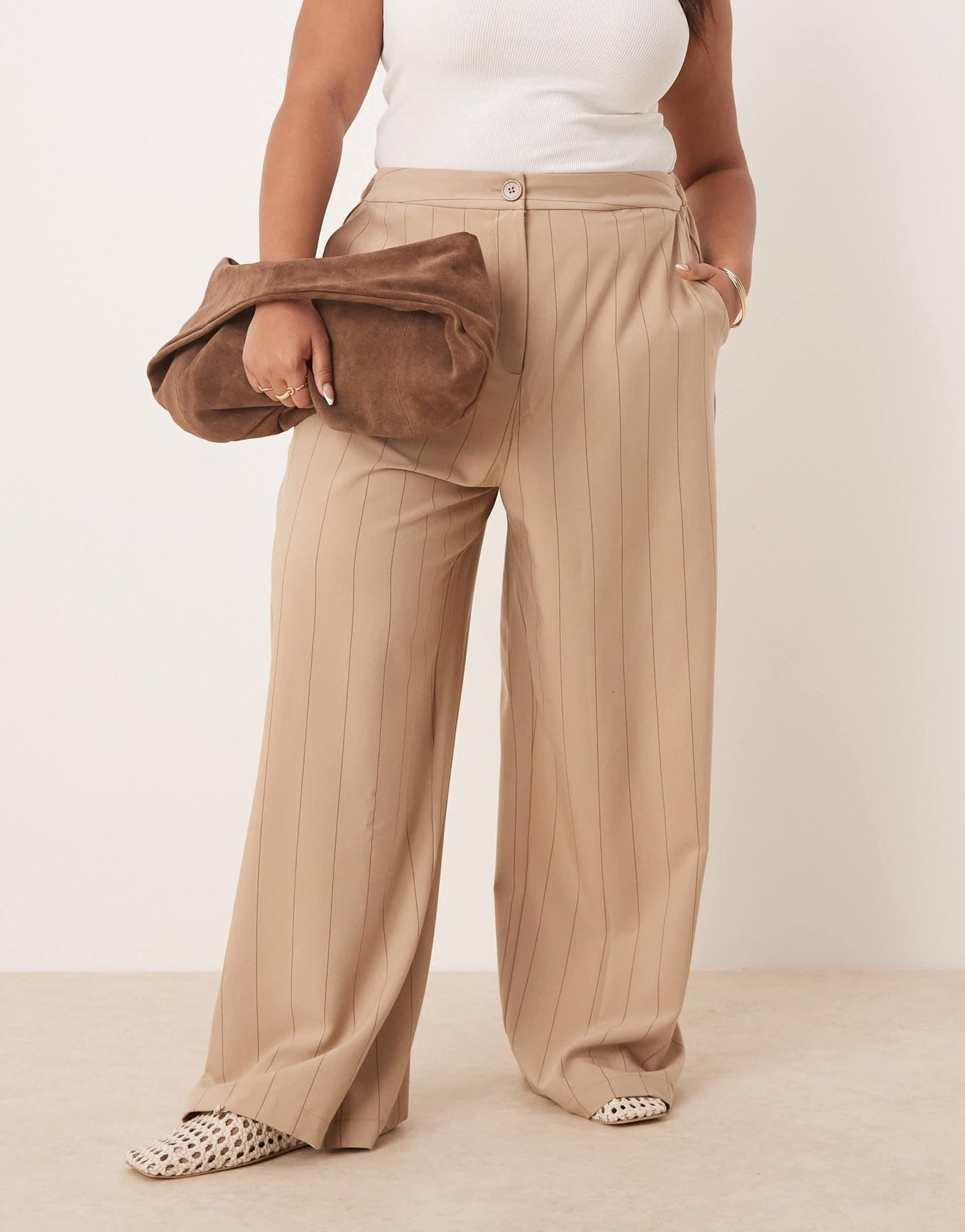 ASOS DESIGN Curve tailored relaxed straight leg trousers in taupe stripe - ASOS Sample Sale