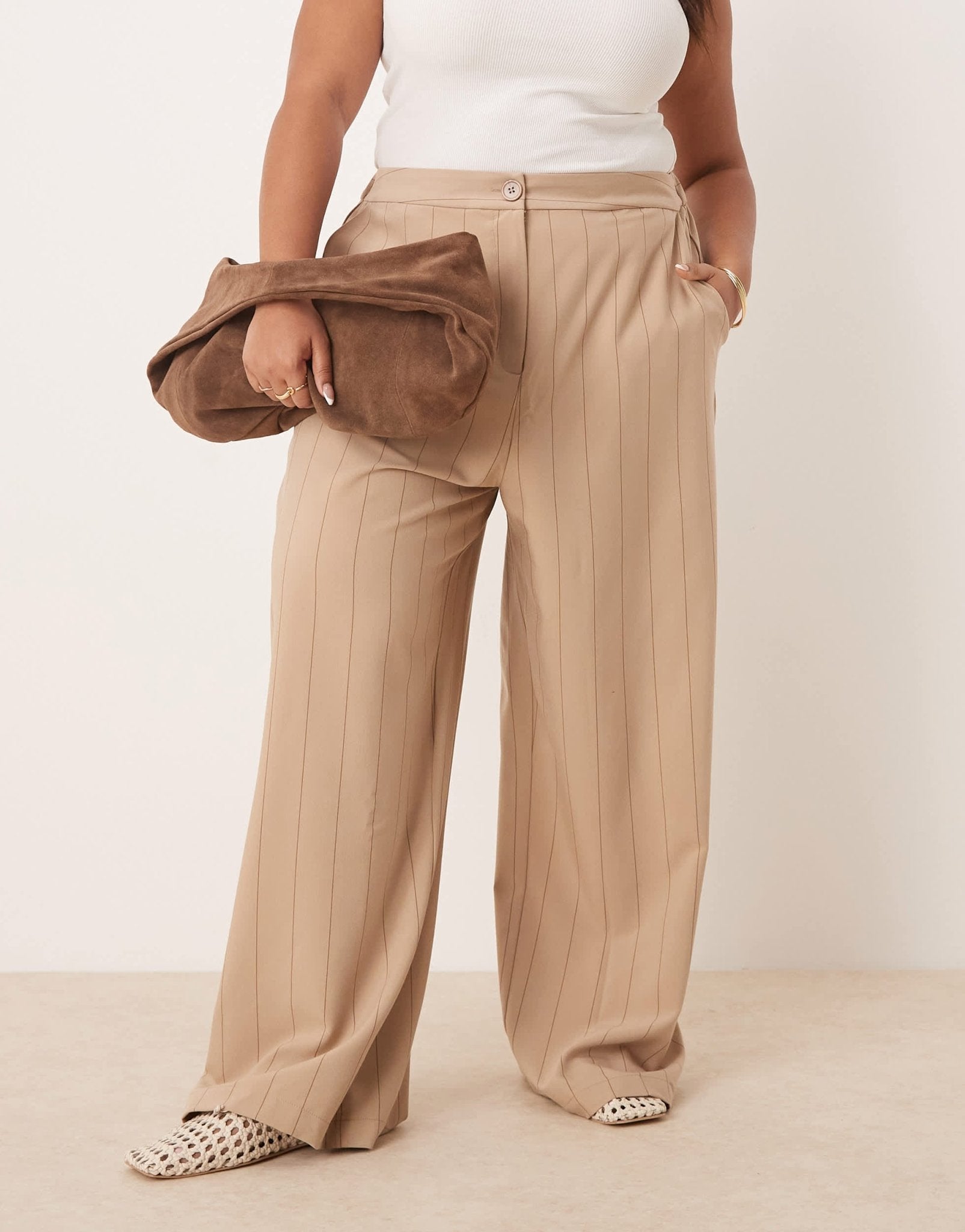 ASOS DESIGN Curve tailored relaxed straight leg trousers in taupe stripe - ASOS Sample Sale