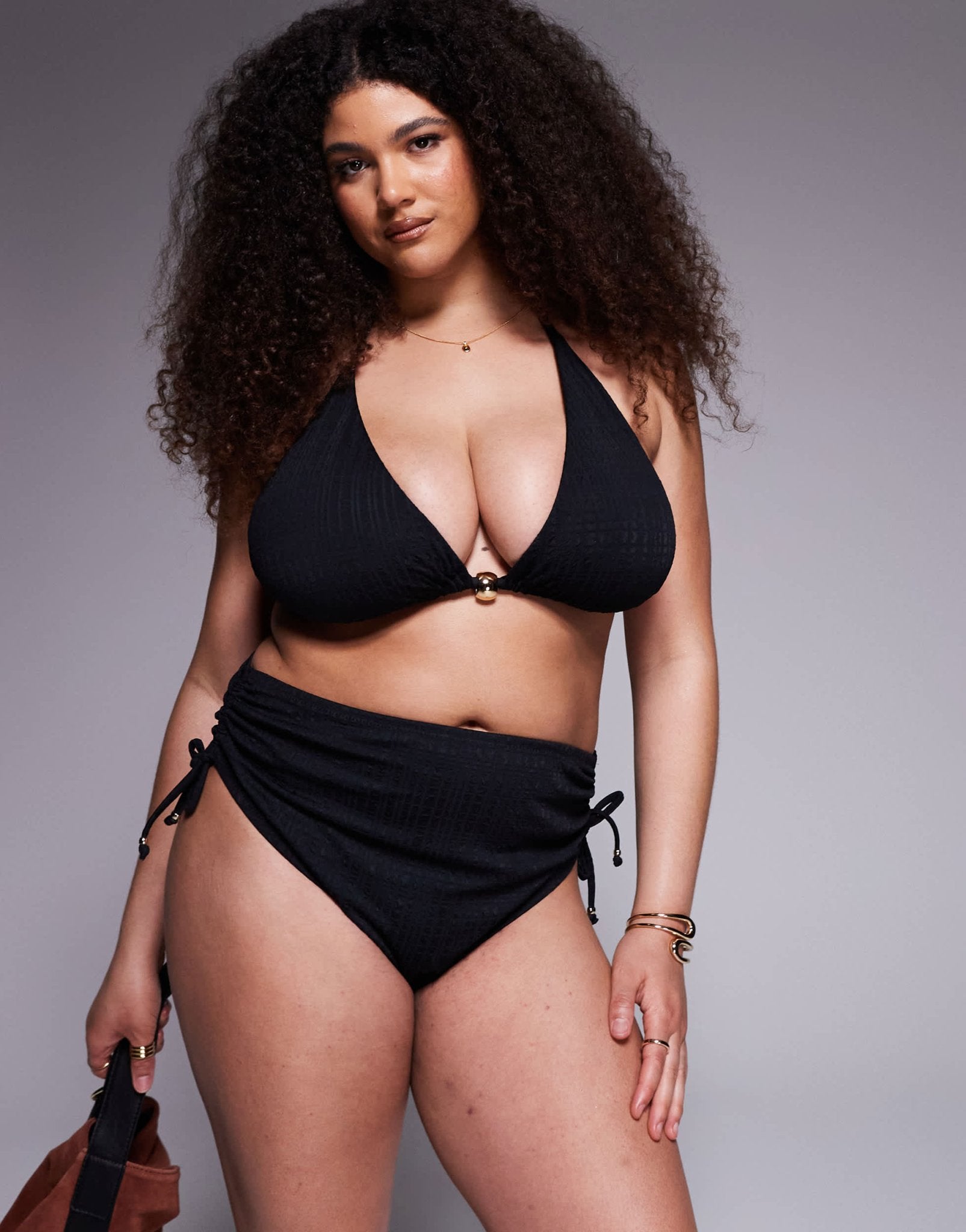 ASOS DESIGN Curve Tayla high leg high waist bikini bottom with gold bead trim in black - ASOS Sample Sale
