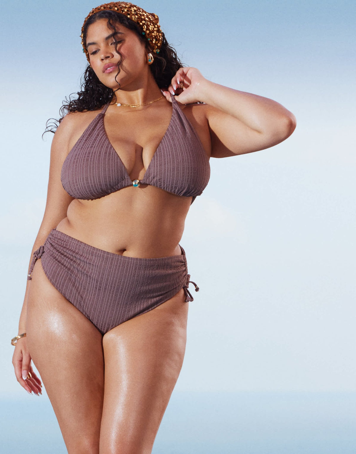 ASOS DESIGN Curve Tayla high leg high waist bikini bottom with gold bead trim in brown - ASOS Sample Sale
