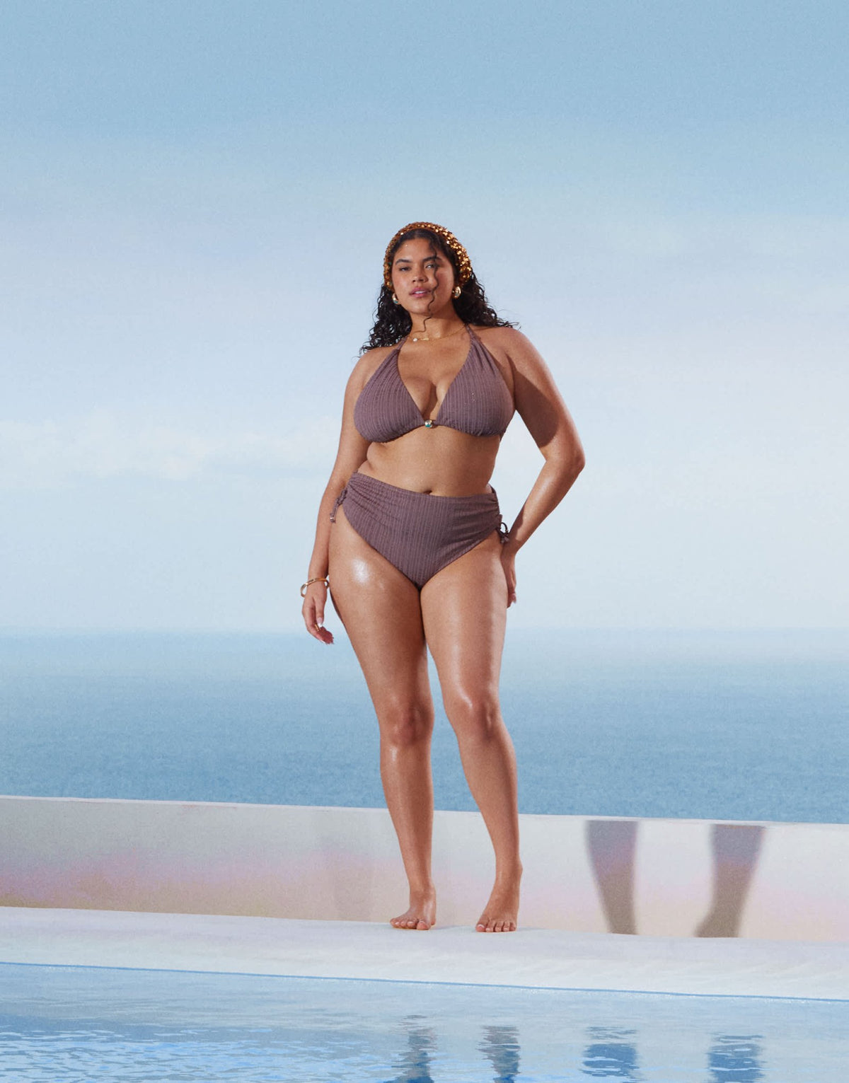 ASOS DESIGN Curve Tayla high leg high waist bikini bottom with gold bead trim in brown - ASOS Sample Sale