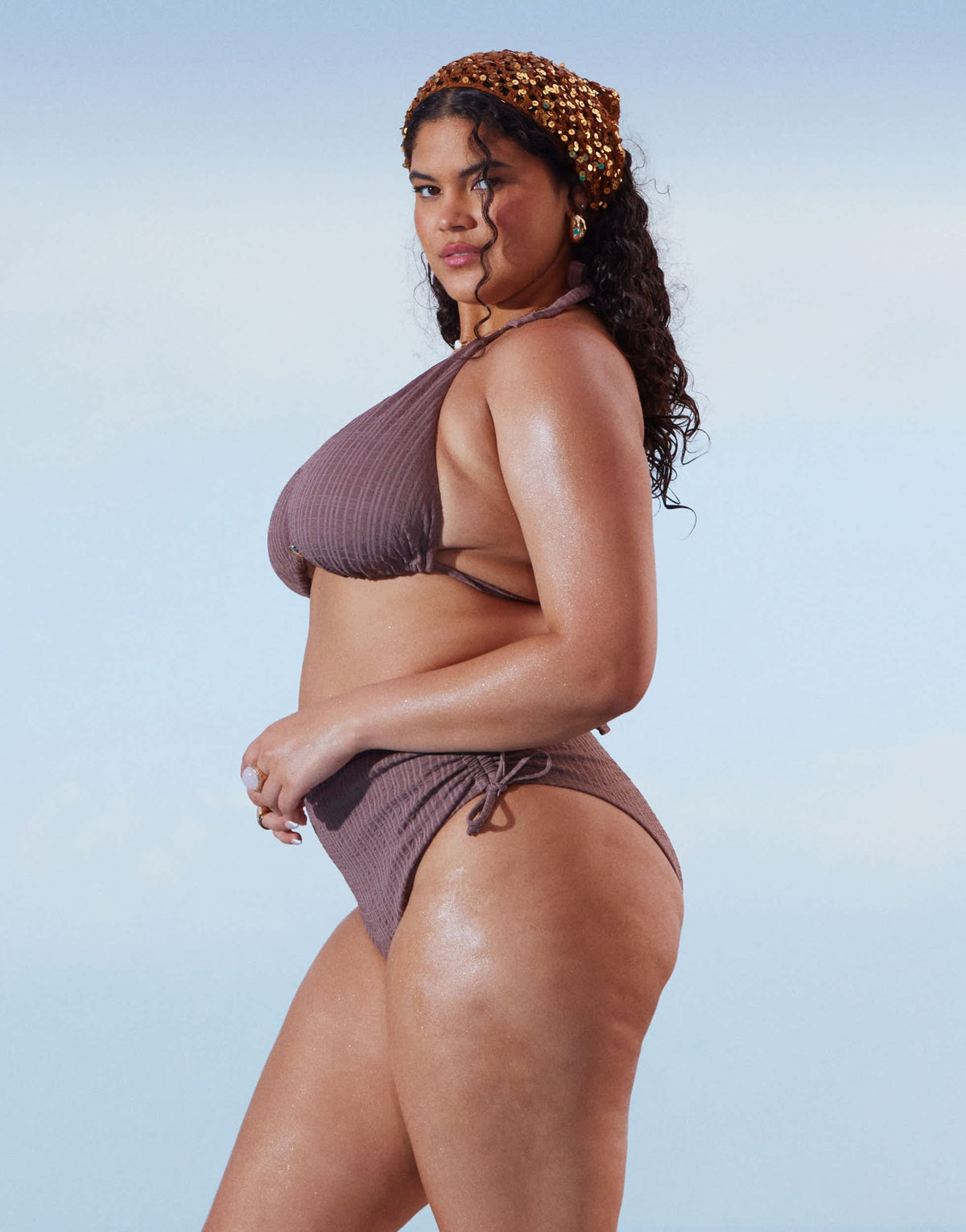 ASOS DESIGN Curve Tayla high leg high waist bikini bottom with gold bead trim in brown - ASOS Sample Sale