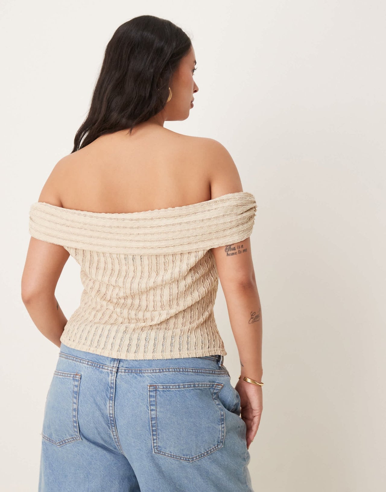 ASOS DESIGN Curve textured bardot top with tie detail in stone - ASOS Sample Sale