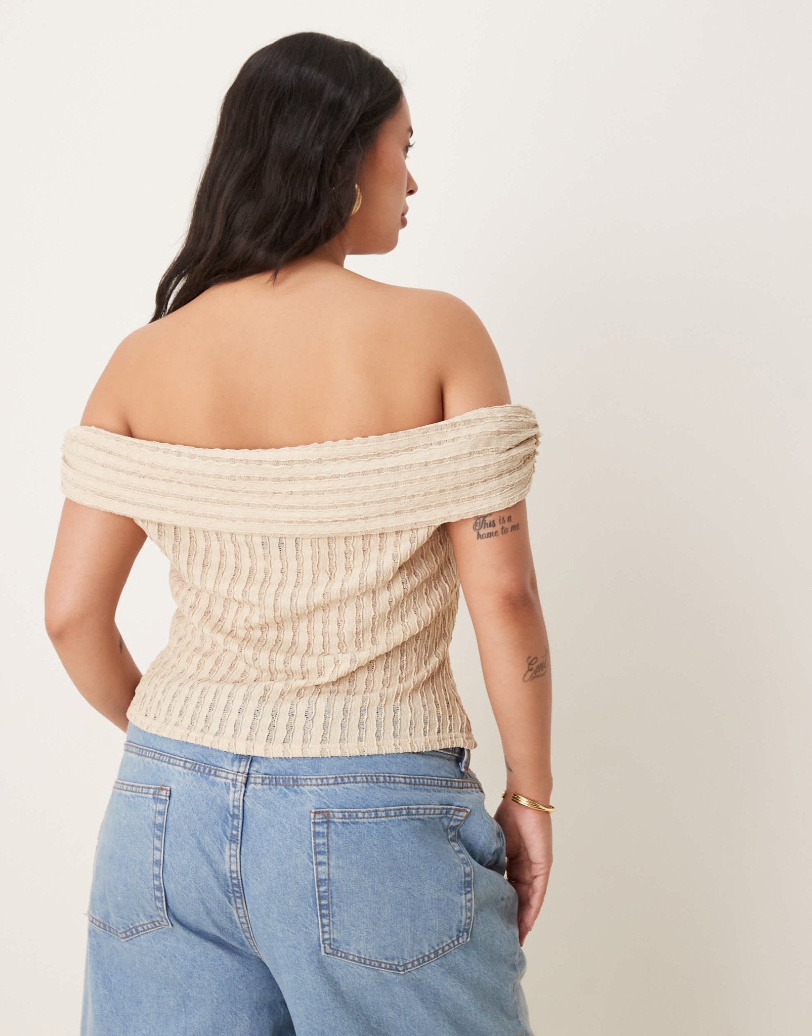 ASOS DESIGN Curve textured bardot top with tie detail in stone - ASOS Sample Sale