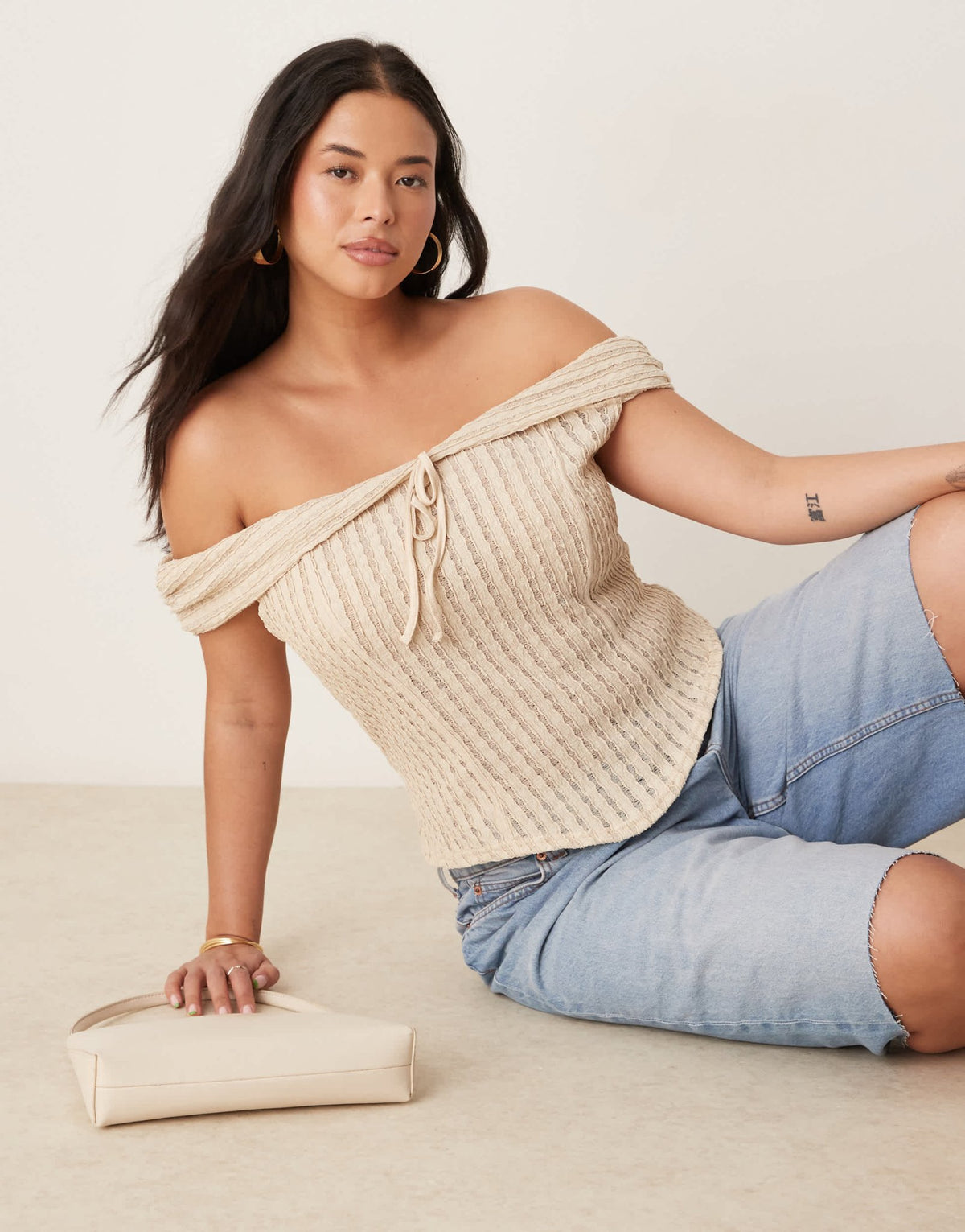 ASOS DESIGN Curve textured bardot top with tie detail in stone - ASOS Sample Sale