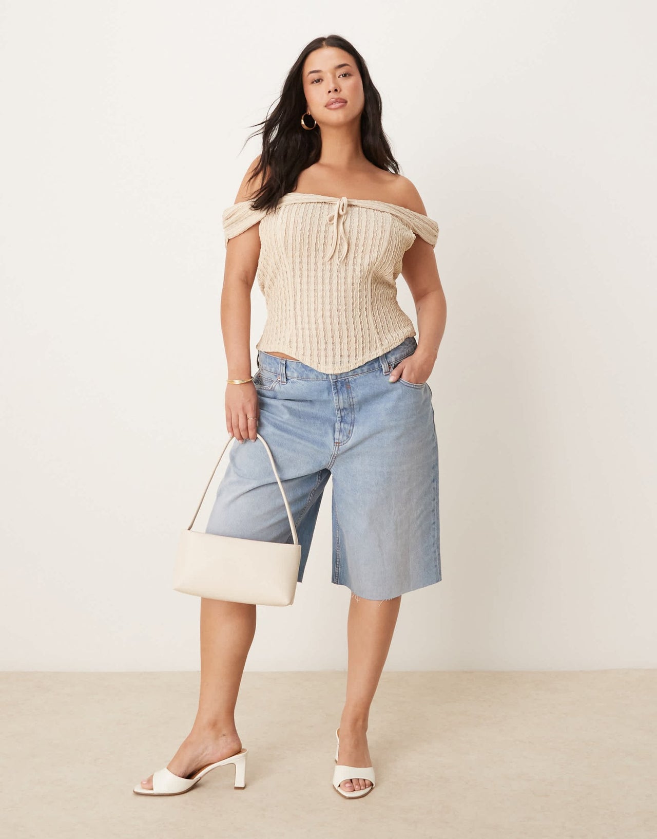 ASOS DESIGN Curve textured bardot top with tie detail in stone - ASOS Sample Sale