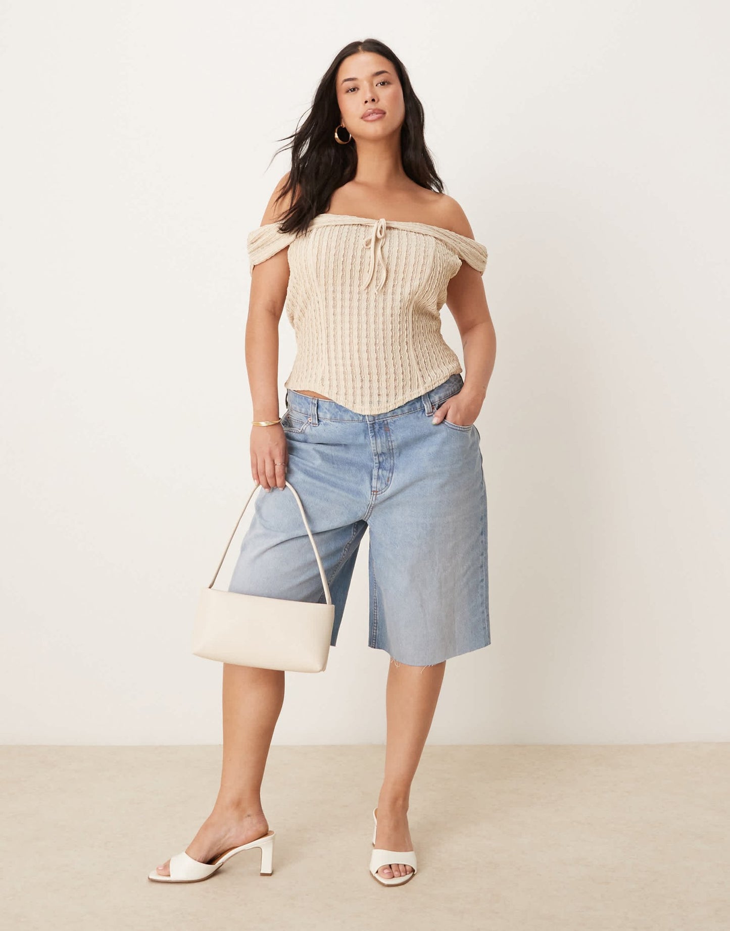 ASOS DESIGN Curve textured bardot top with tie detail in stone - ASOS Sample Sale