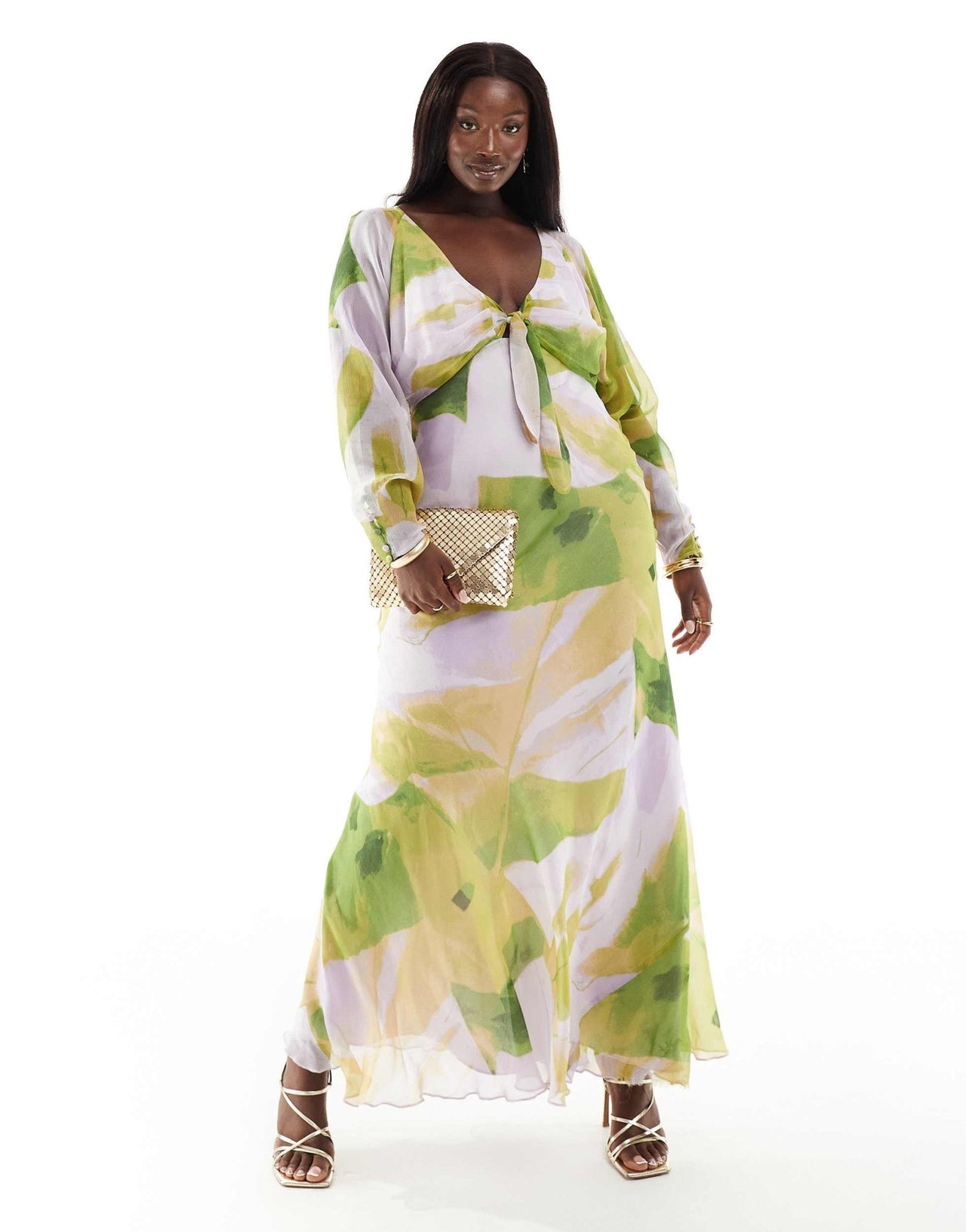 ASOS DESIGN Curve tie front plunge maxi dress in lilac and green abstract print - ASOS Sample Sale