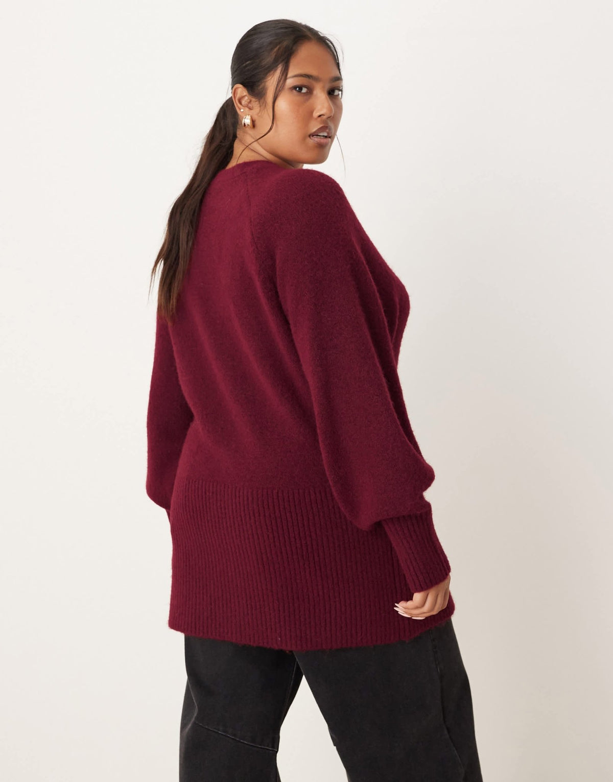 ASOS DESIGN Curve v neck longline cardigan with waist detail in fluffy yarn in burgundy - ASOS Sample Sale