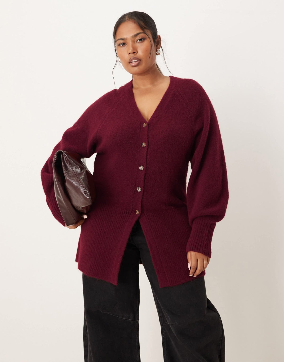 ASOS DESIGN Curve v neck longline cardigan with waist detail in fluffy yarn in burgundy - ASOS Sample Sale