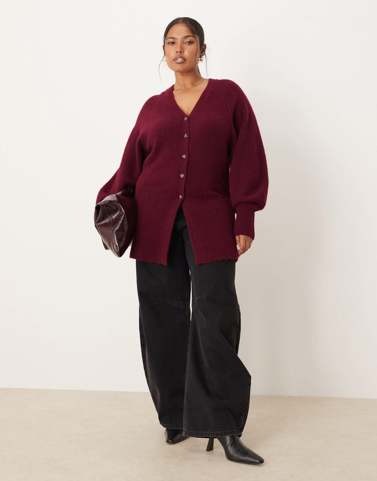 ASOS DESIGN Curve v neck longline cardigan with waist detail in fluffy yarn in burgundy - ASOS Sample Sale