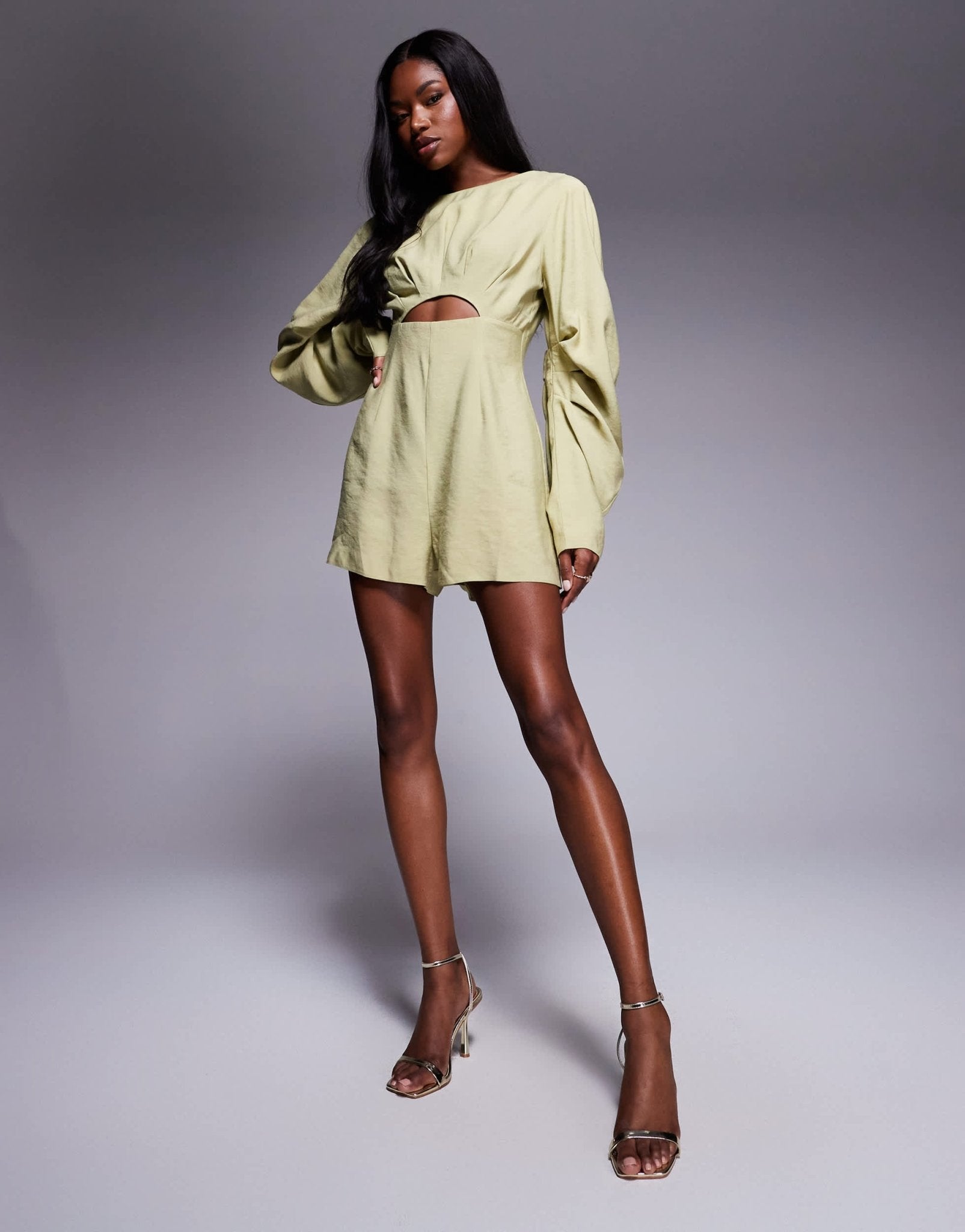 ASOS DESIGN curved sleeve playsuit with pleating detail in soft green - ASOS Sample Sale