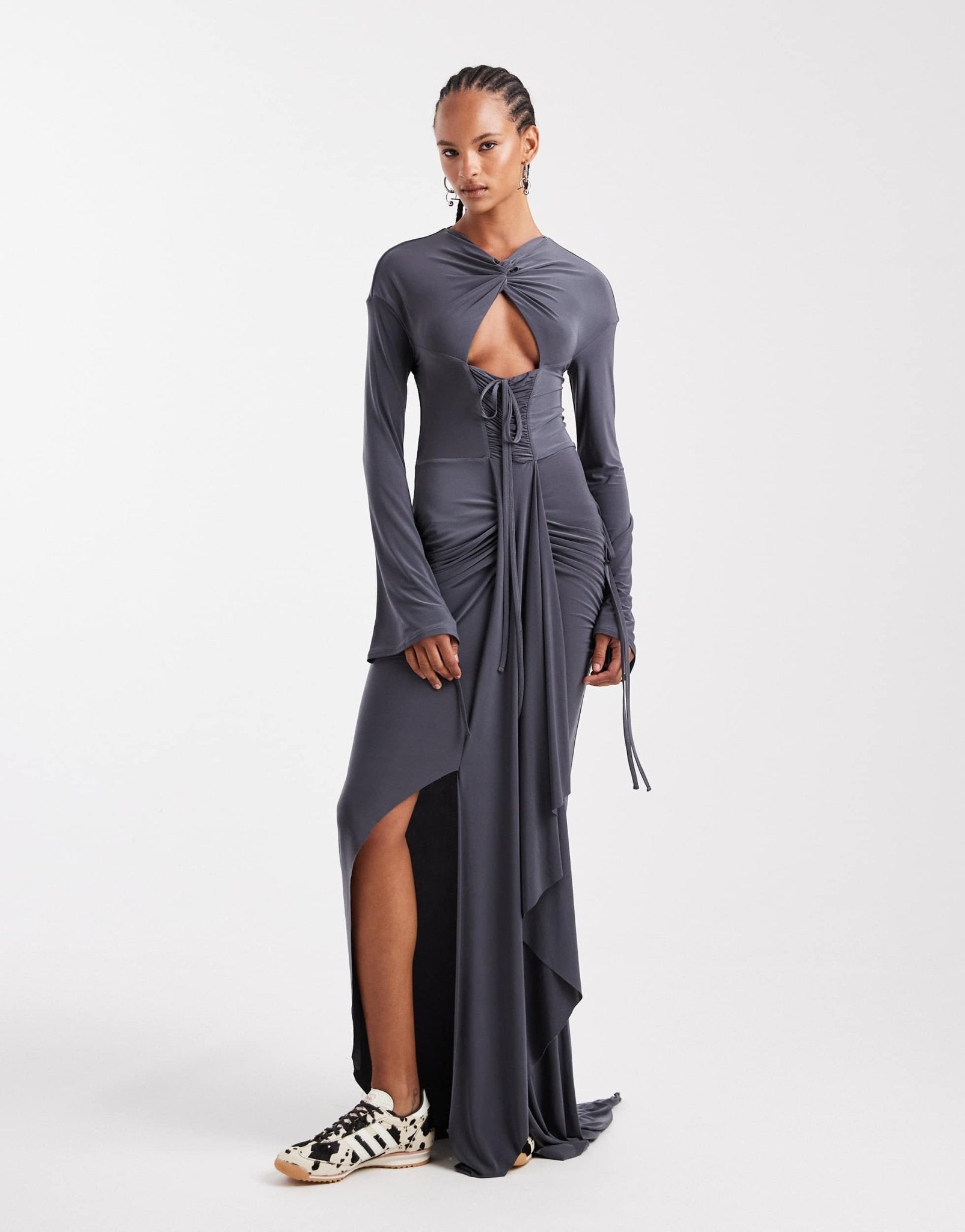 ASOS DESIGN cut out front maxi dress with gauging and mock channel details in grey - ASOS Sample Sale