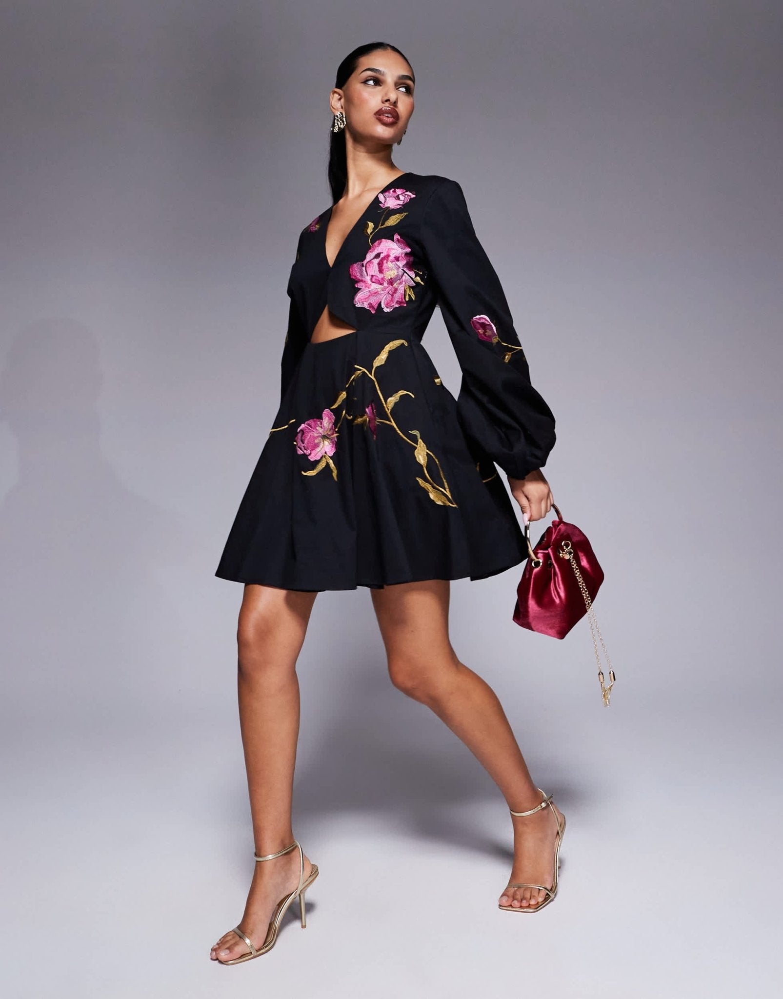 ASOS DESIGN cut out mini dress with floral embroidery in black - ASOS Sample Sale