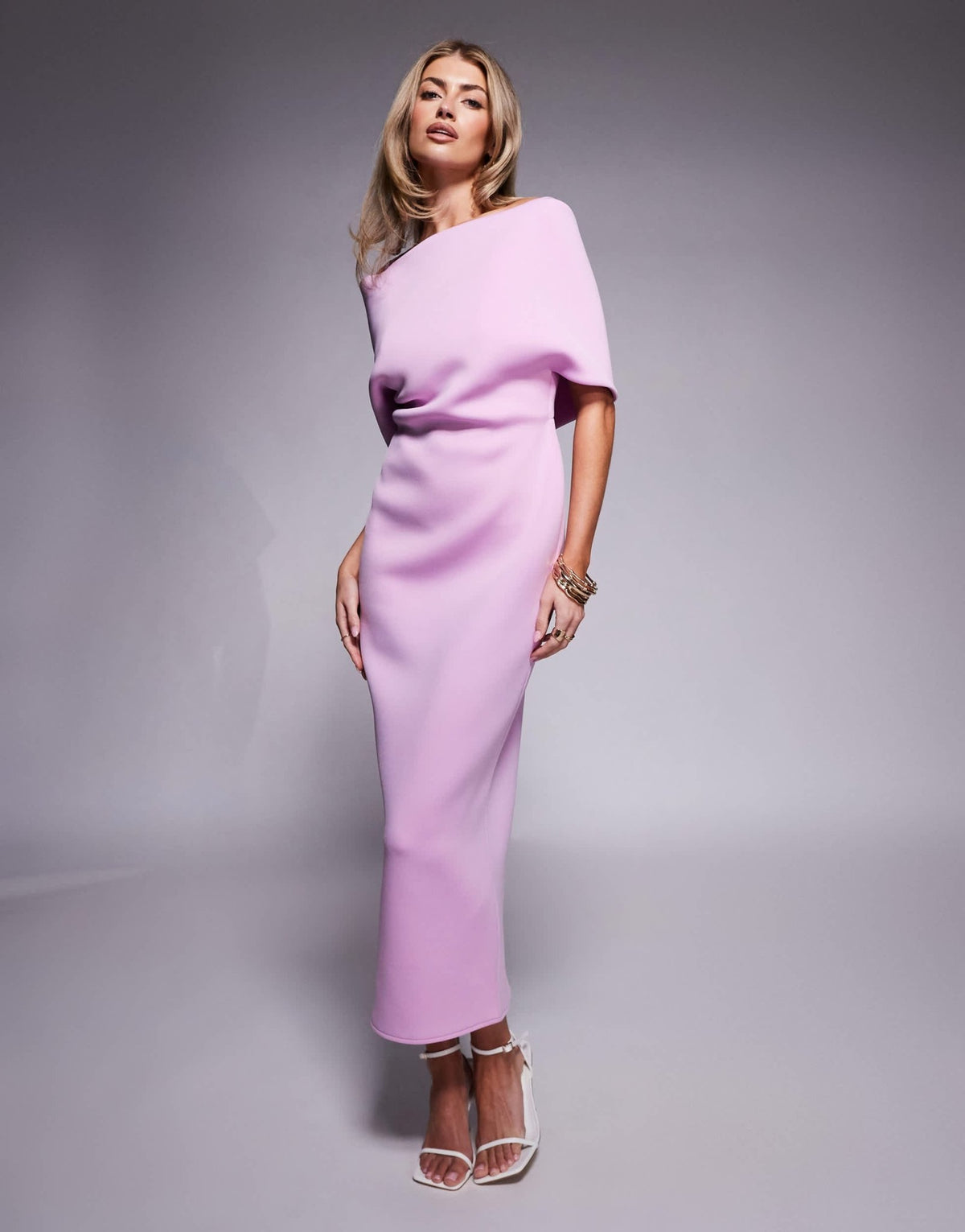 ASOS DESIGN deep bardot midi dress with cape back detail in lilac in scuba-style fabric - ASOS Sample Sale