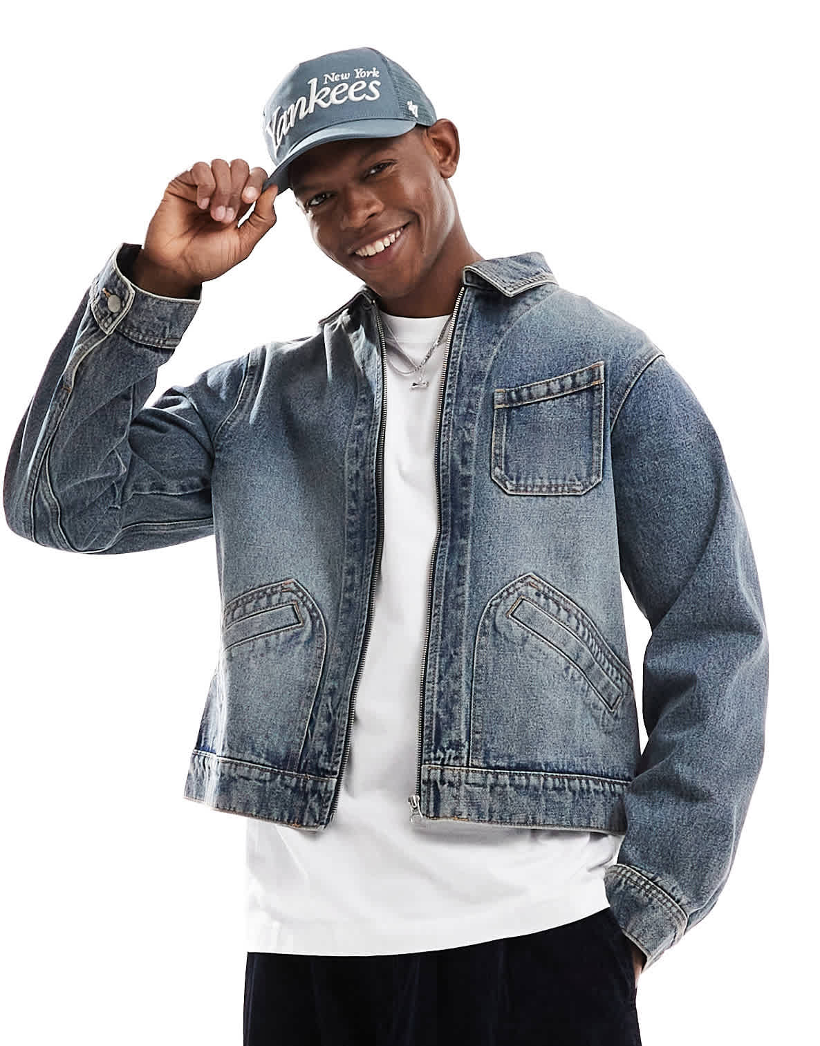 ASOS DESIGN denim boxy harrington jacket in mid wash blue - ASOS Sample Sale