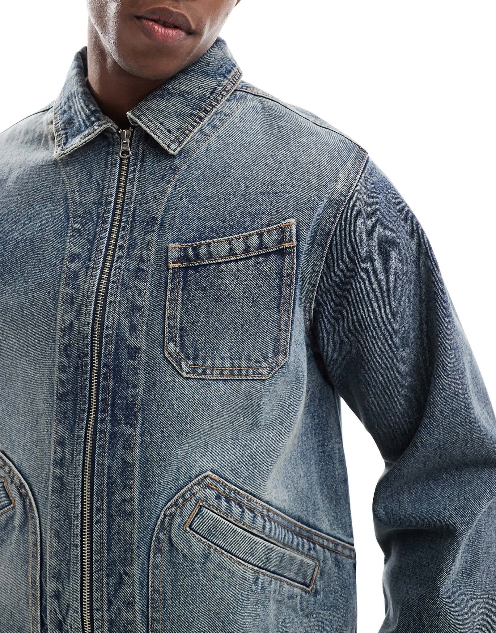 ASOS DESIGN denim boxy harrington jacket in mid wash blue - ASOS Sample Sale