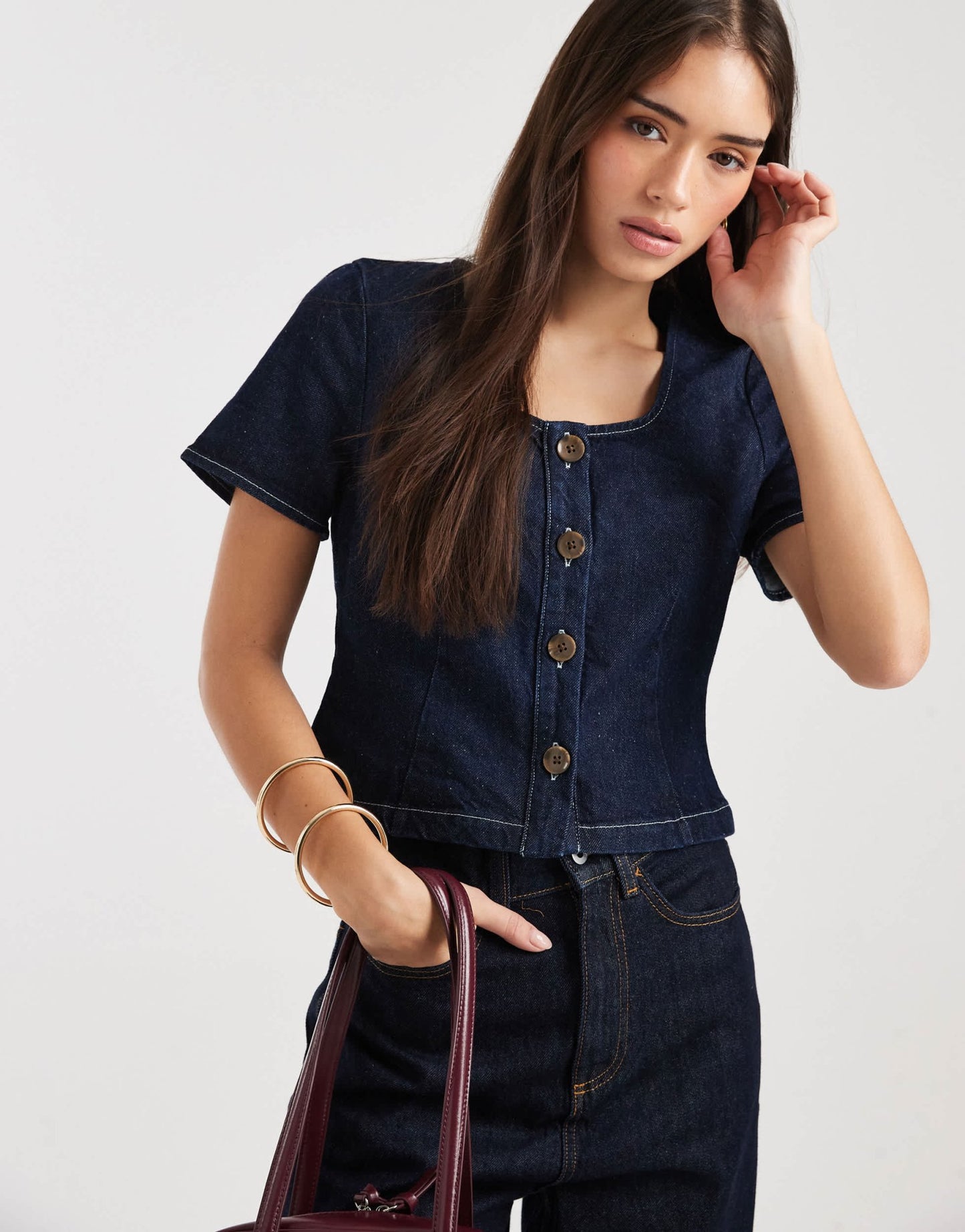 ASOS DESIGN denim bust detail top in mid blue - ASOS Sample Sale